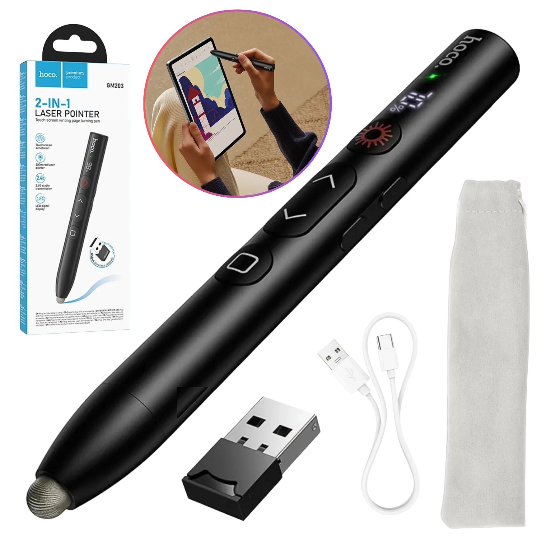 PUNTERO LÁSER PRESENTADOR INALÁMBRICO PARA DIAPOSITIVAS HOCO GM203 LAPIZ PARA PANTALLA TOUCH - 2