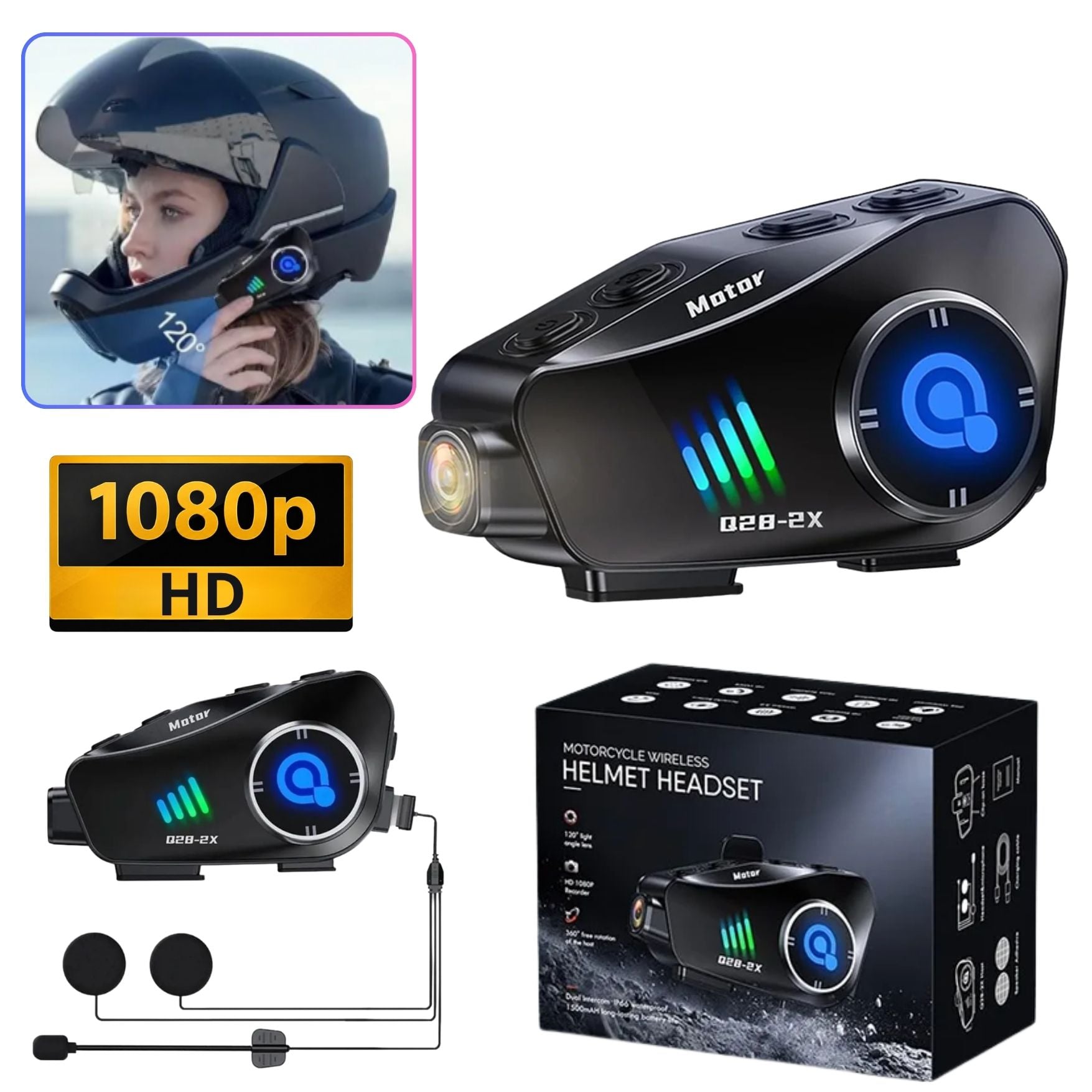 AUDIFONO INTERCOMUNICADOR BLUETOOTH Q28 PARA CASCO CON CÁMARA HD 1080P Y GRABADORA DE CONDUCCIÓN - 1