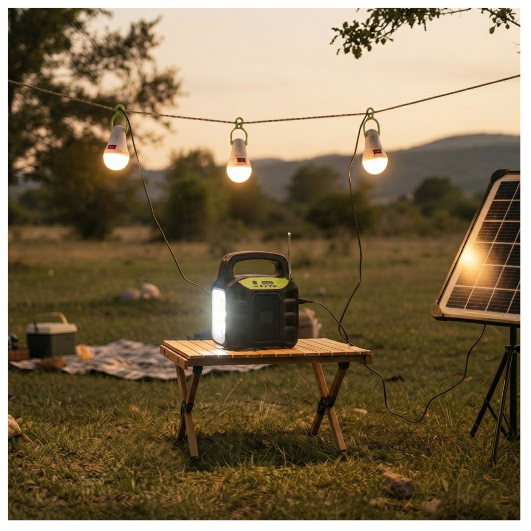 FUENTE ENERGIA SOLAR PORTÁTIL PANEL SOLAR PARLANTE BLUETOOTH RADIO FM LINTERNA 3 FOCOS CAMPING - 5