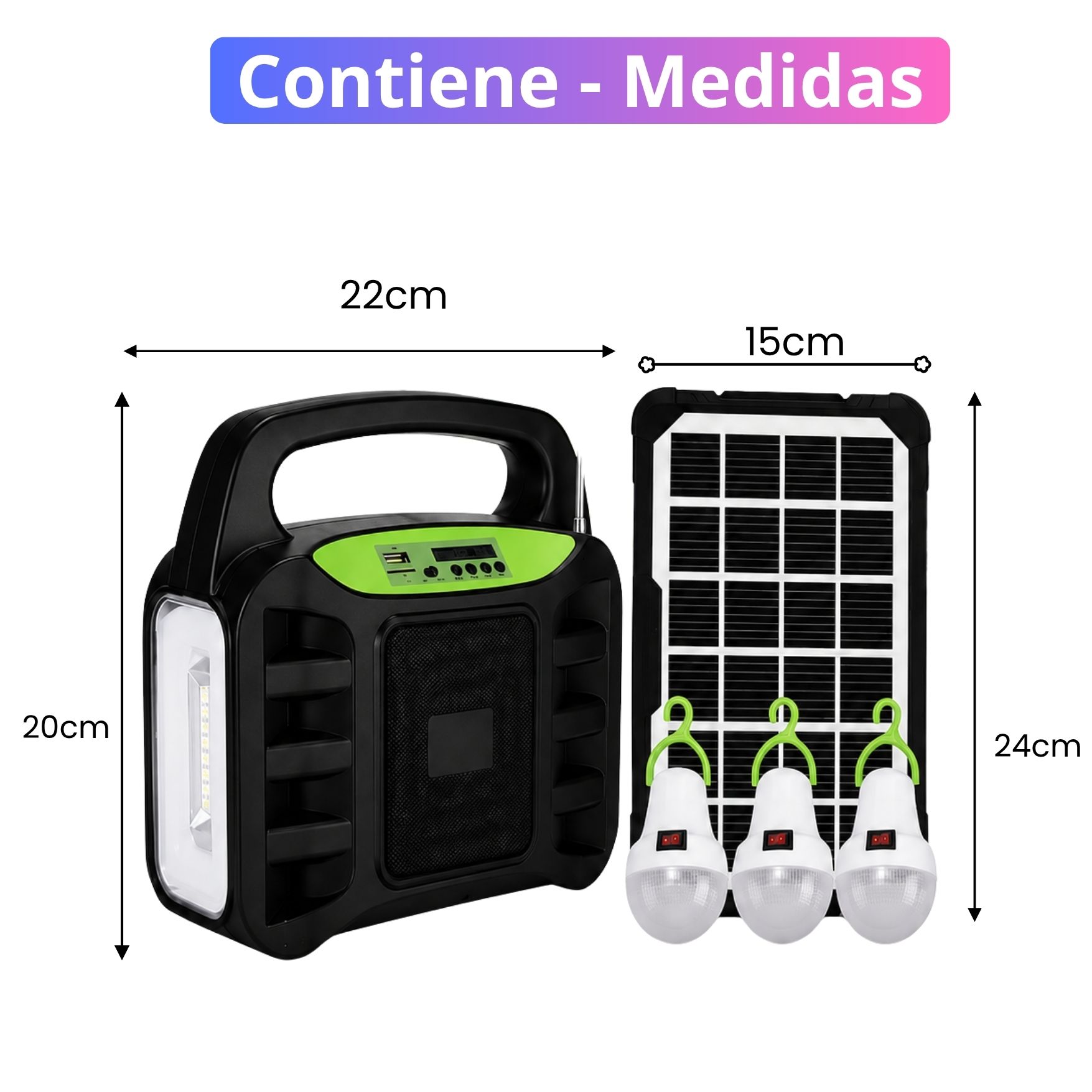 FUENTE ENERGIA SOLAR PORTÁTIL PANEL SOLAR PARLANTE BLUETOOTH RADIO FM LINTERNA 3 FOCOS CAMPING - 7