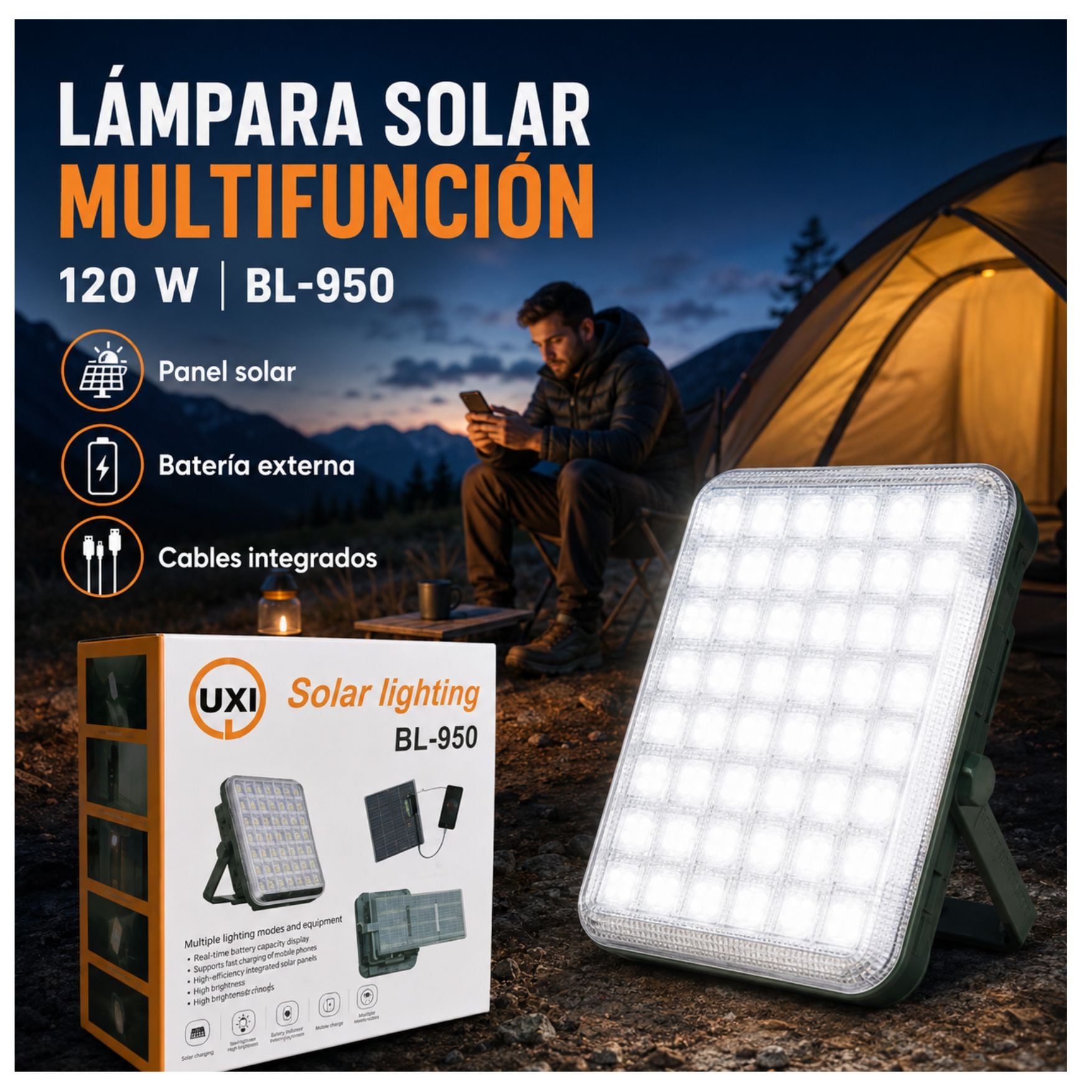 LAMPARA 3 EN 1 REFLECTOR LUZ DE EMERGENCIA LINTERNA POWER BANK CON PANEL SOLAR RECARGABLE CAMPING - 1