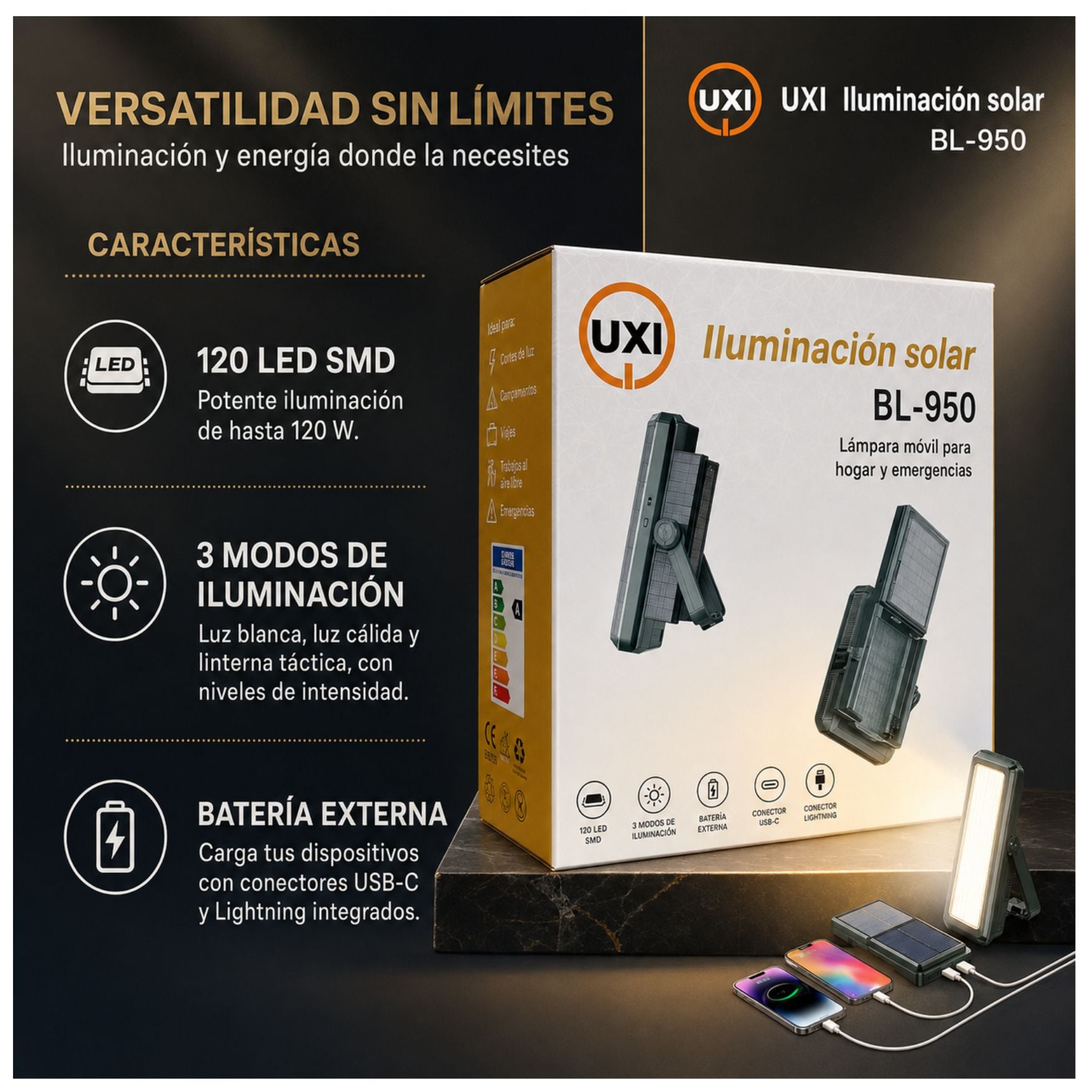 LAMPARA 3 EN 1 REFLECTOR LUZ DE EMERGENCIA LINTERNA POWER BANK CON PANEL SOLAR RECARGABLE CAMPING - 3