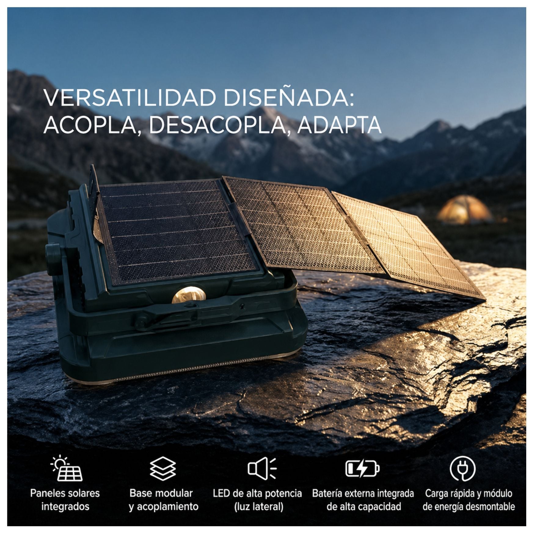 LAMPARA 3 EN 1 REFLECTOR LUZ DE EMERGENCIA LINTERNA POWER BANK CON PANEL SOLAR RECARGABLE CAMPING - 5