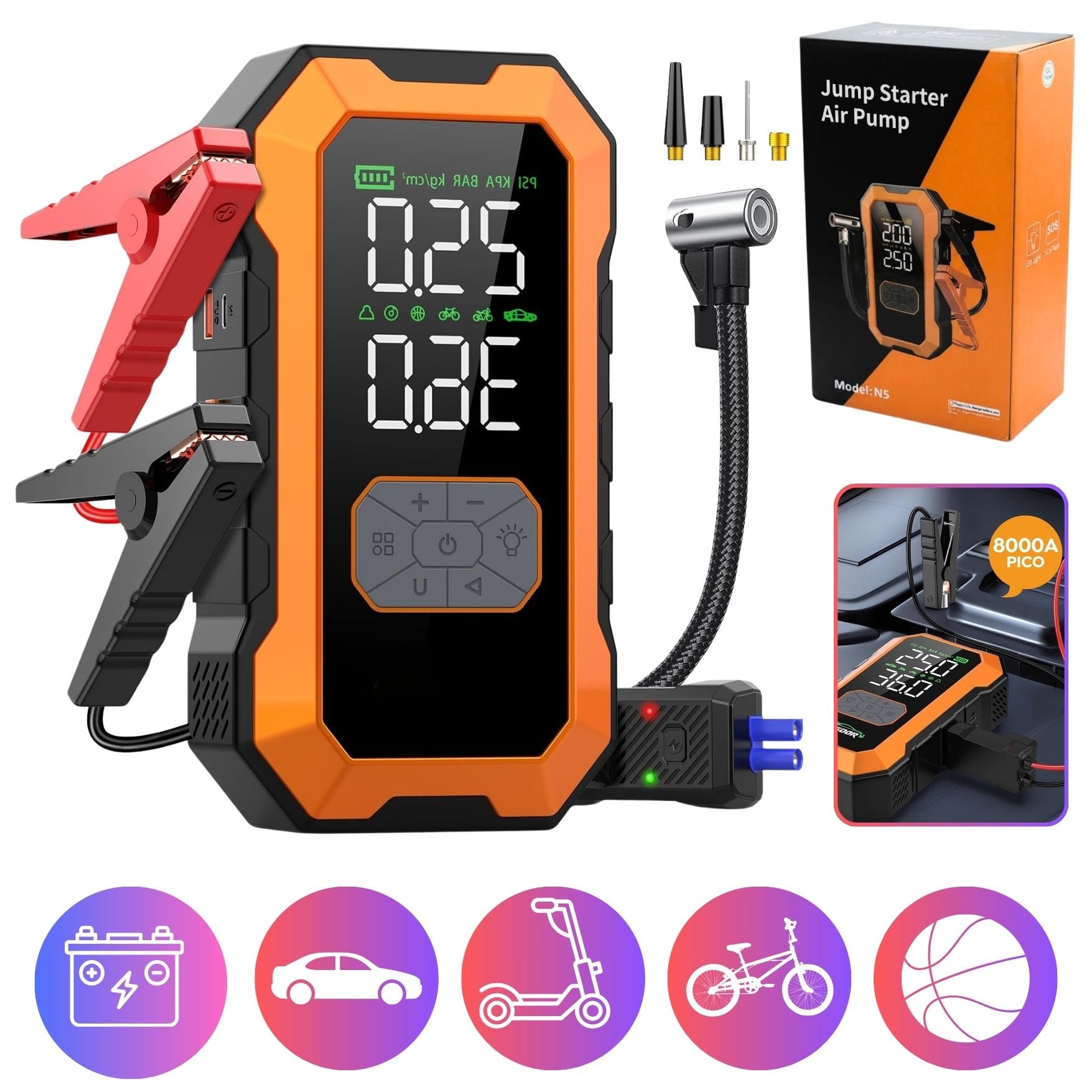 ARRANCADOR DE BATERIA PARA AUTO INFLADOR DE LLANTA CARRO SCOOTER PELOTA LINTERNA POWER BANK - 1