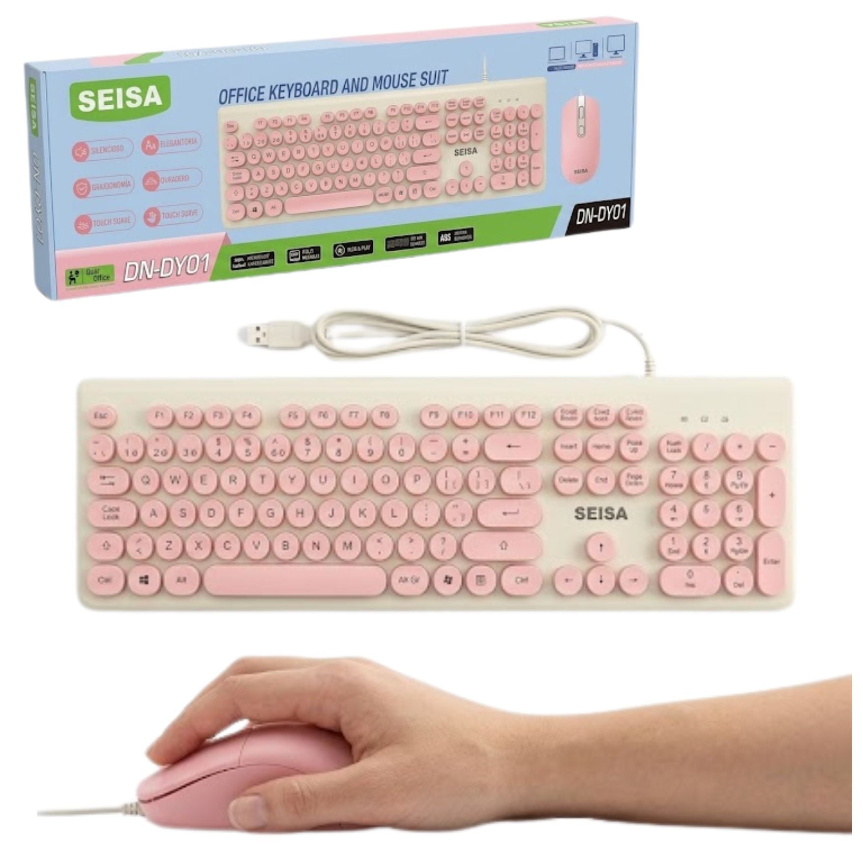 TECLADO Y MOUSE CON CABLE USB PARA PC NOTEBOOK LAPTOP COMBO - ROSADO - 1