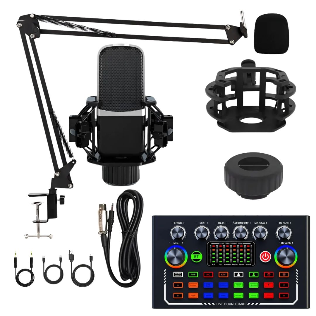 KIT DE MICRÓFONO CONDENSADOR DE ESTUDIO CON TARJETA DE SONIDO MEZCLADORA, BRAZO ARTICULADO PODCAST - 1