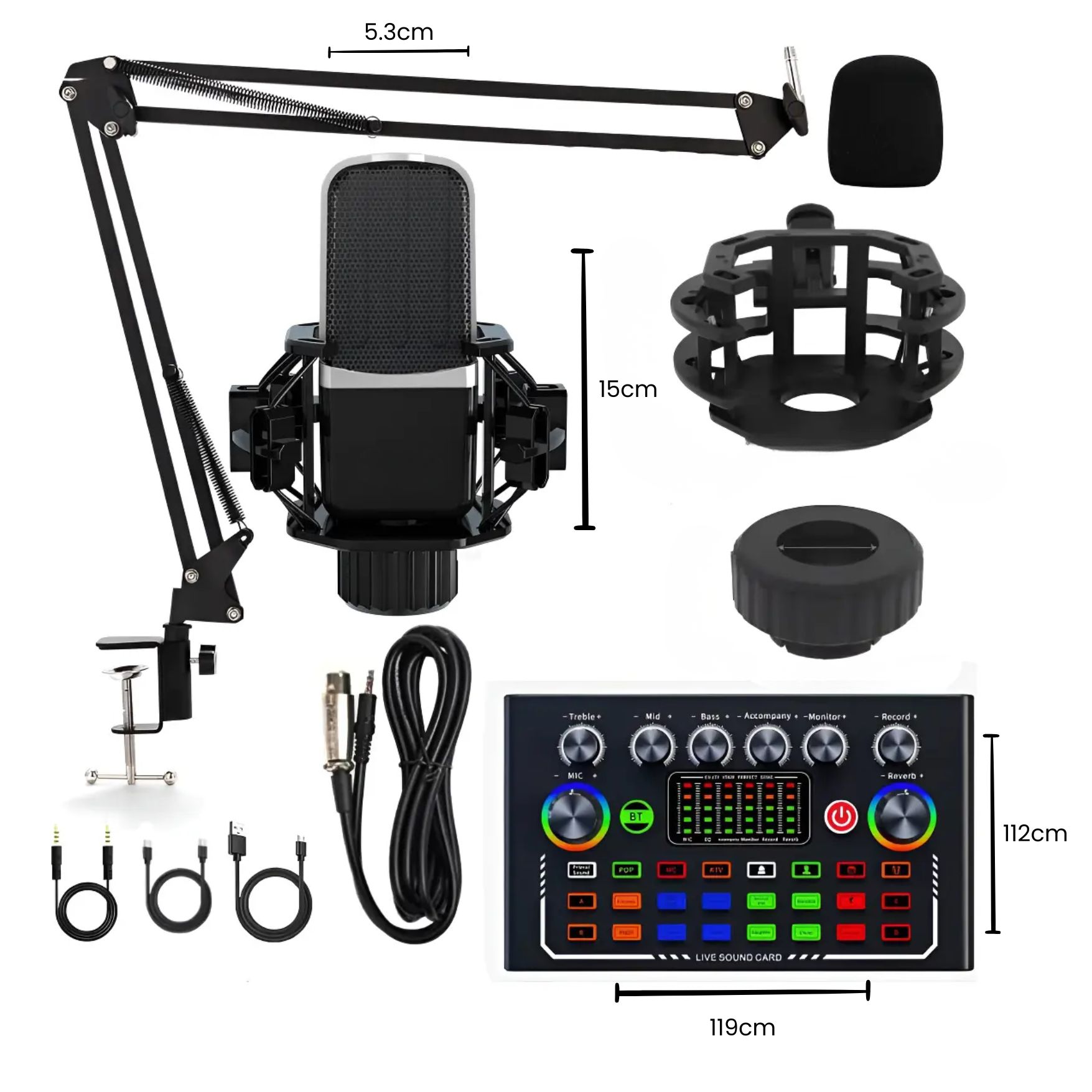 KIT DE MICRÓFONO CONDENSADOR DE ESTUDIO CON TARJETA DE SONIDO MEZCLADORA, BRAZO ARTICULADO PODCAST - 2