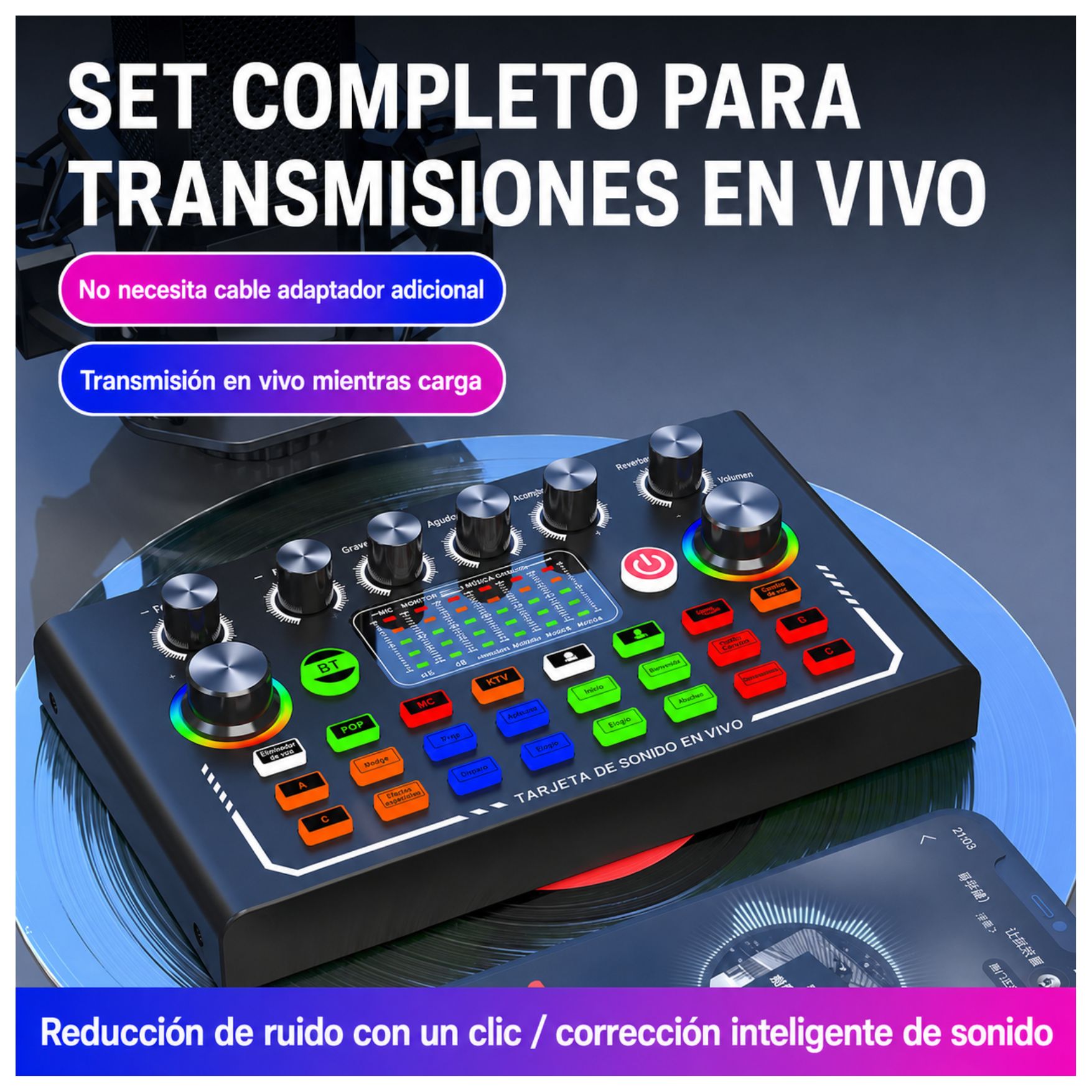KIT DE MICRÓFONO CONDENSADOR DE ESTUDIO CON TARJETA DE SONIDO MEZCLADORA, BRAZO ARTICULADO PODCAST - 4