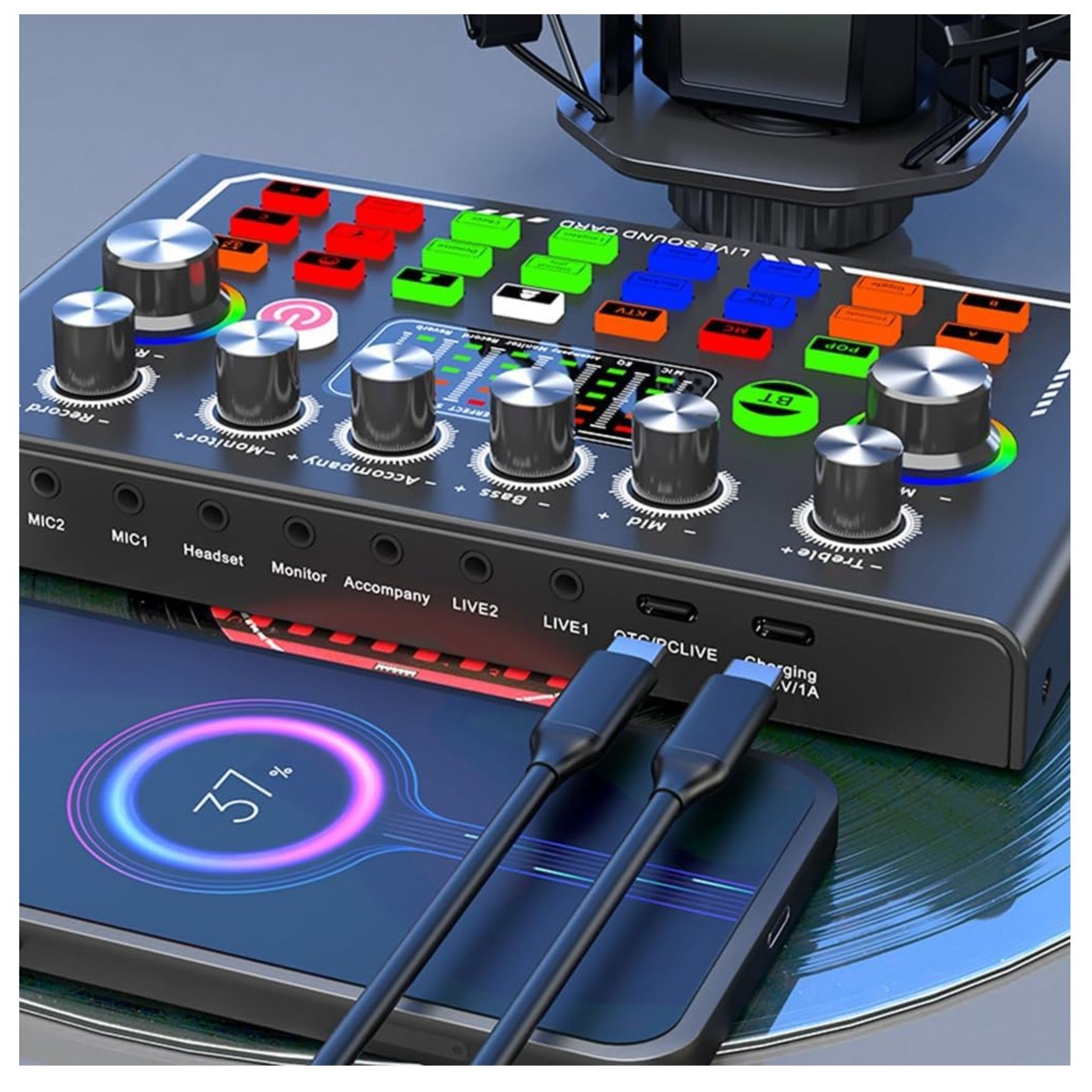 KIT DE MICRÓFONO CONDENSADOR DE ESTUDIO CON TARJETA DE SONIDO MEZCLADORA, BRAZO ARTICULADO PODCAST - 7