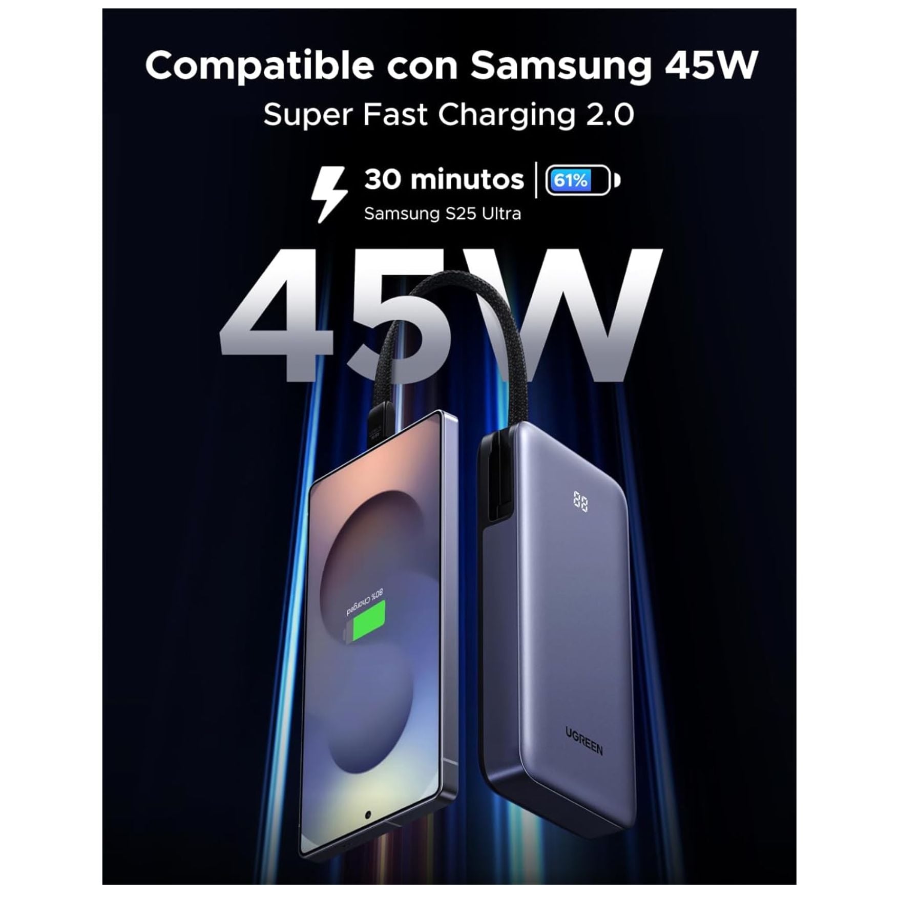POWER BANK UGREEN 20000MAH 45W, BATERÍA PORTÁTIL CON CABLE INTEGRADO PARA LAPTOP Y CELULAR - 2