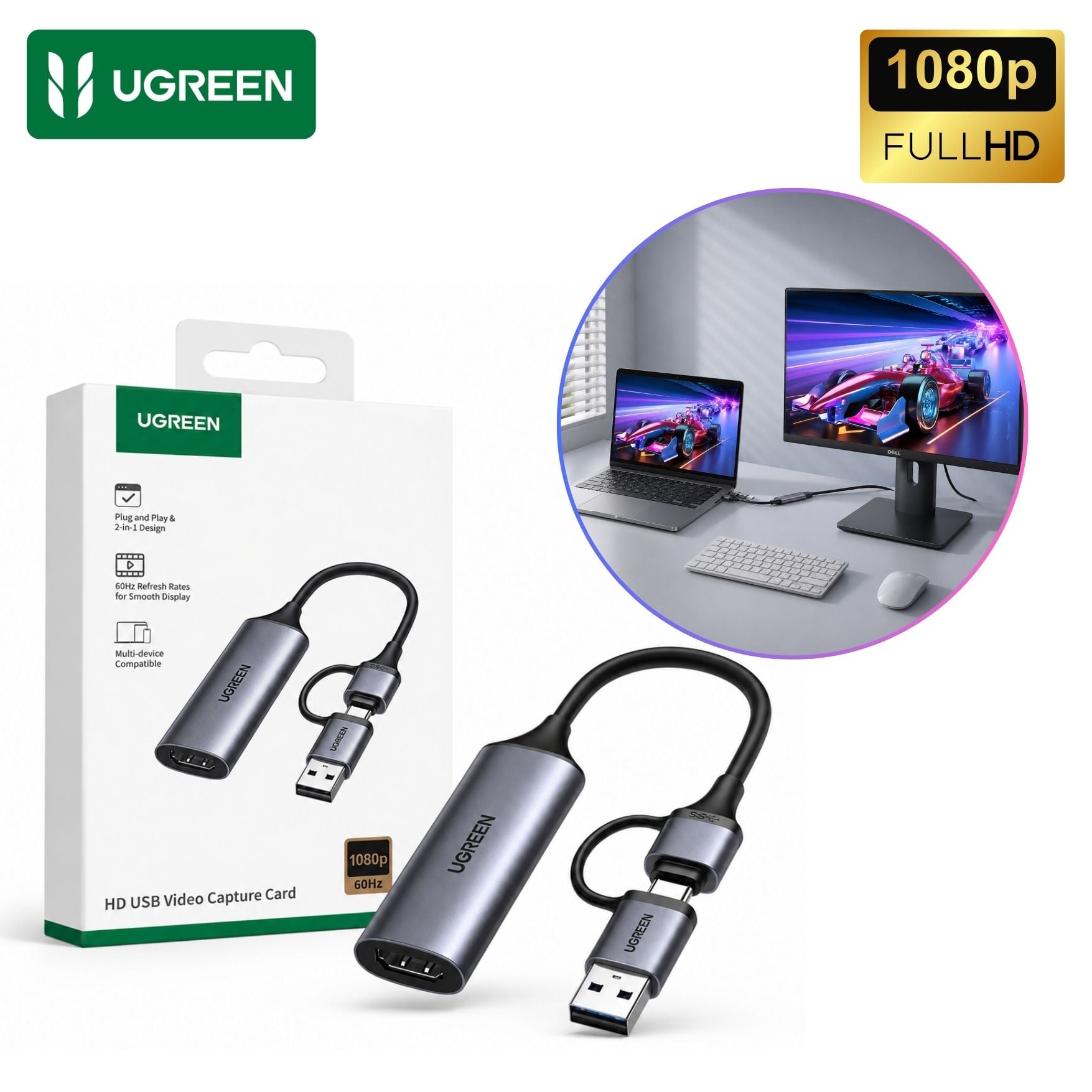 CAPTURADOR DE VIDEO UGREEN USB TYPE C HDMI 1080P 60HZ CÁMARAS Y LAPTOP MACBOOK - 1