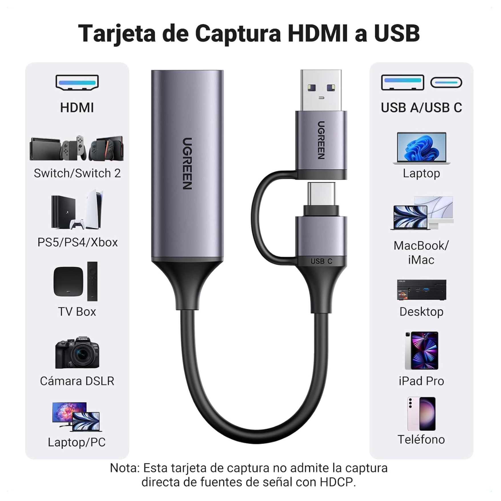 CAPTURADOR DE VIDEO UGREEN USB TYPE C HDMI 1080P 60HZ CÁMARAS Y LAPTOP MACBOOK - 4