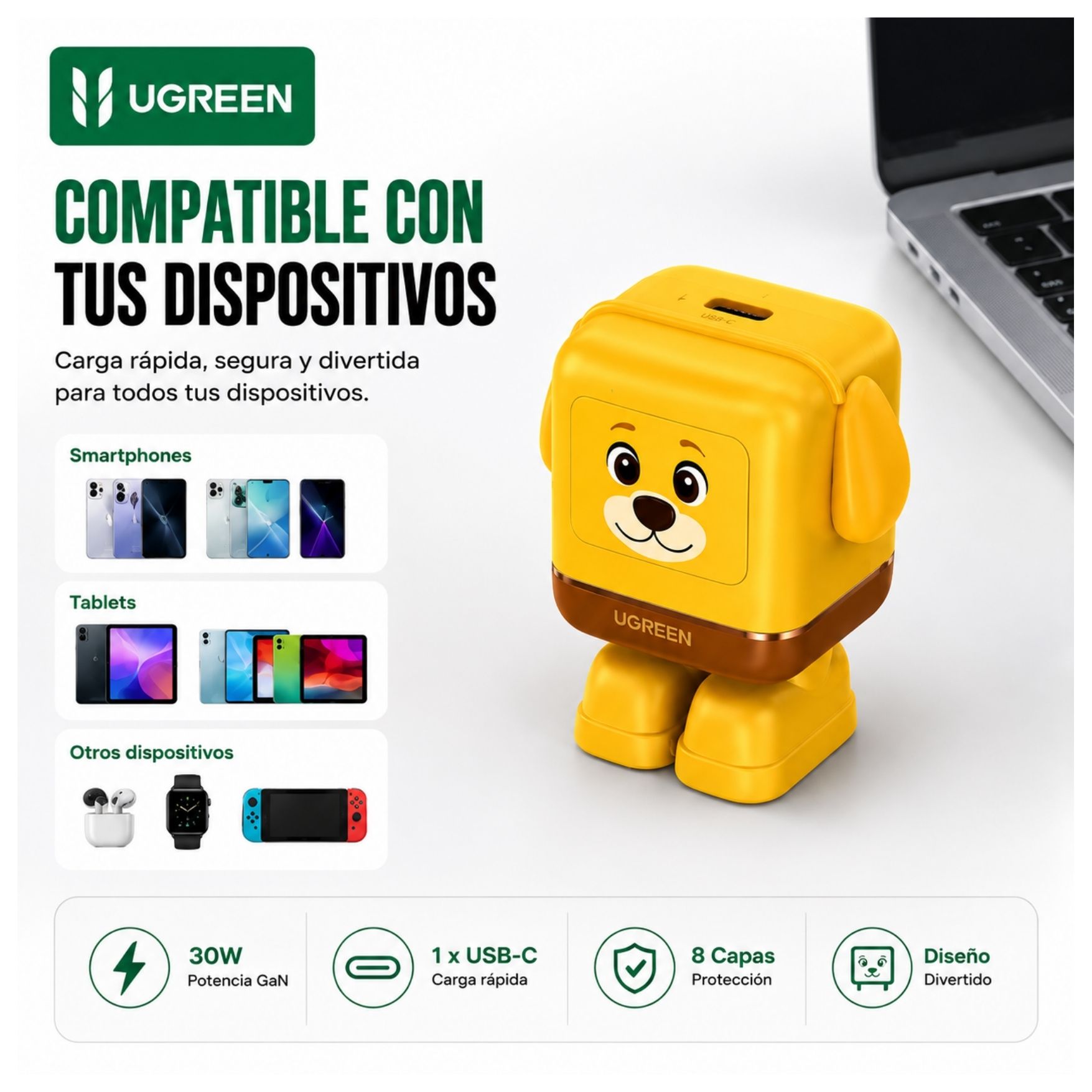 CARGADOR UGREEN TYPE C CARGA RAPIDA 30W GAN MINI ROBOT PARA IPHONE SAMSUNG XIAOMI OPPO HONOR - 2
