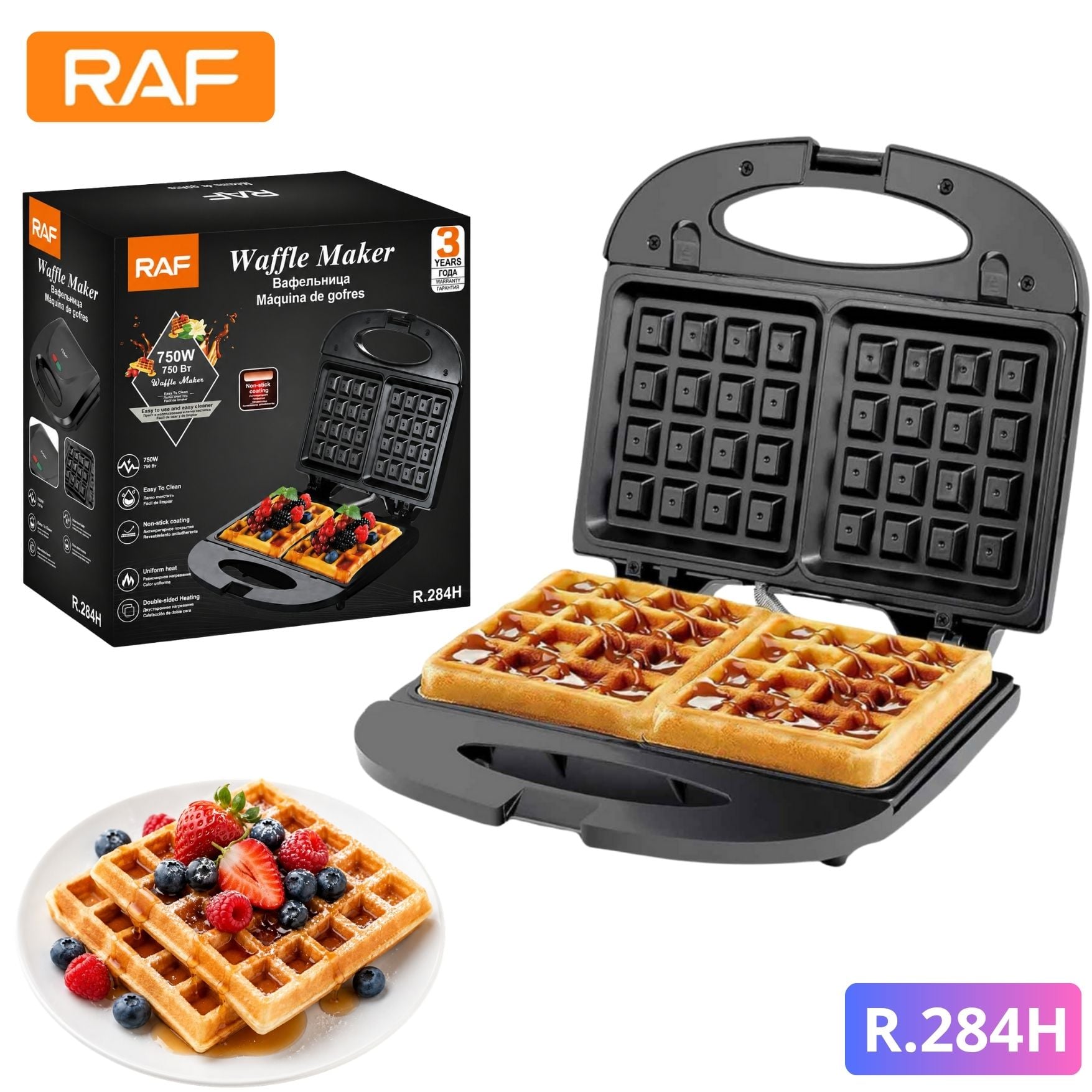 MAQUINA RAF ELÉCTRICA WAFLERA DOBLE CARA ANTIADHERENTE 750W RAF R284H - 1