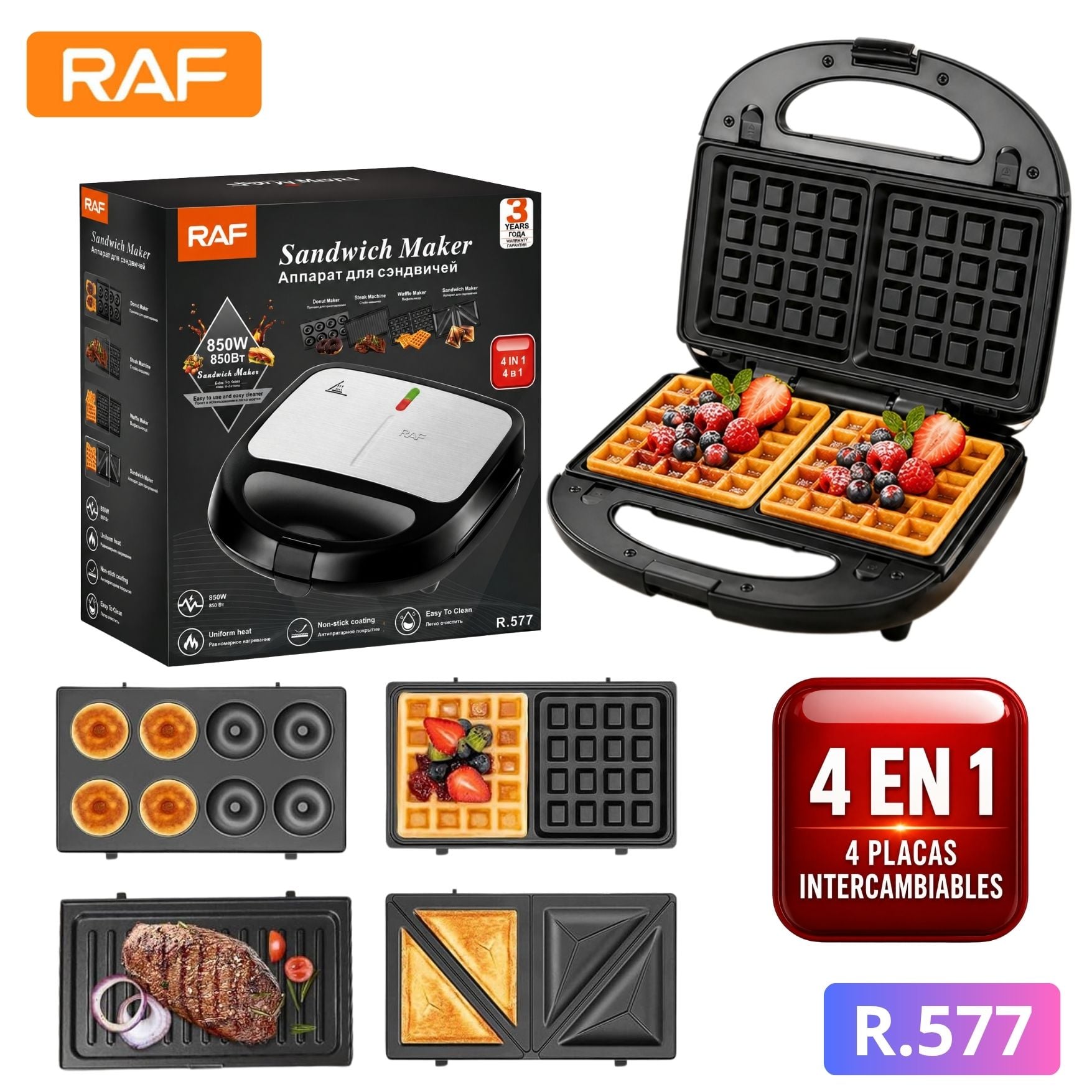 MAQUINA RAF PARA HACER DONUTS DONAS, SANDWICHERA, WAFLERA, PARRILLA CARNES 4 EN 1 RAF R577 - 1