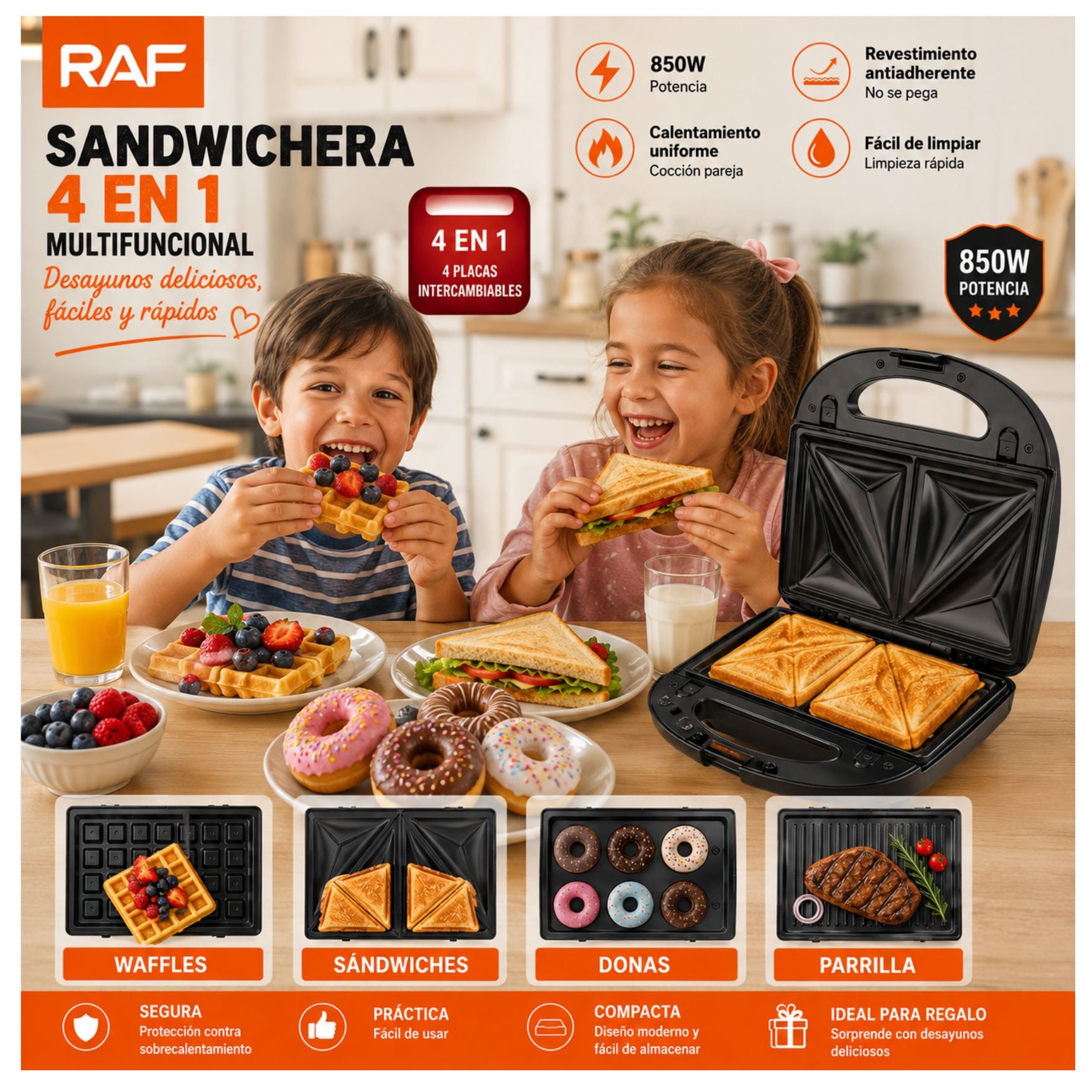 MAQUINA RAF PARA HACER DONUTS DONAS, SANDWICHERA, WAFLERA, PARRILLA CARNES 4 EN 1 RAF R577 - 2
