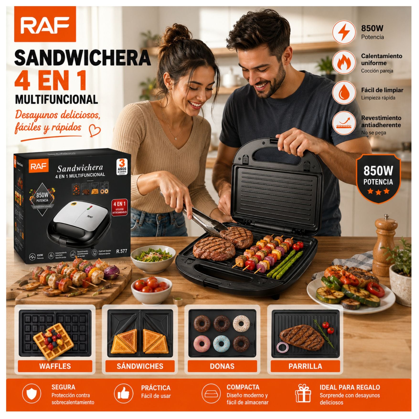 MAQUINA RAF PARA HACER DONUTS DONAS, SANDWICHERA, WAFLERA, PARRILLA CARNES 4 EN 1 RAF R577 - 3