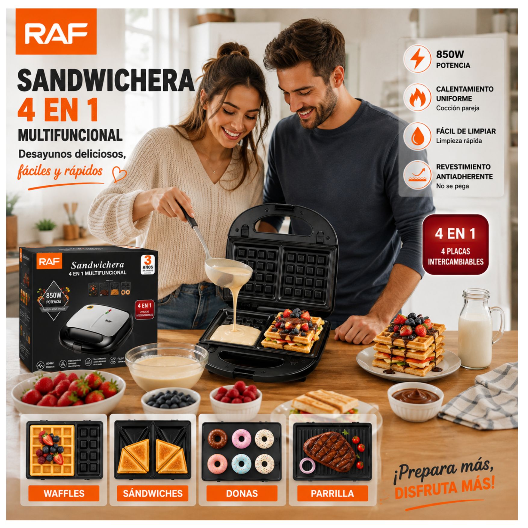 MAQUINA RAF PARA HACER DONUTS DONAS, SANDWICHERA, WAFLERA, PARRILLA CARNES 4 EN 1 RAF R577 - 4