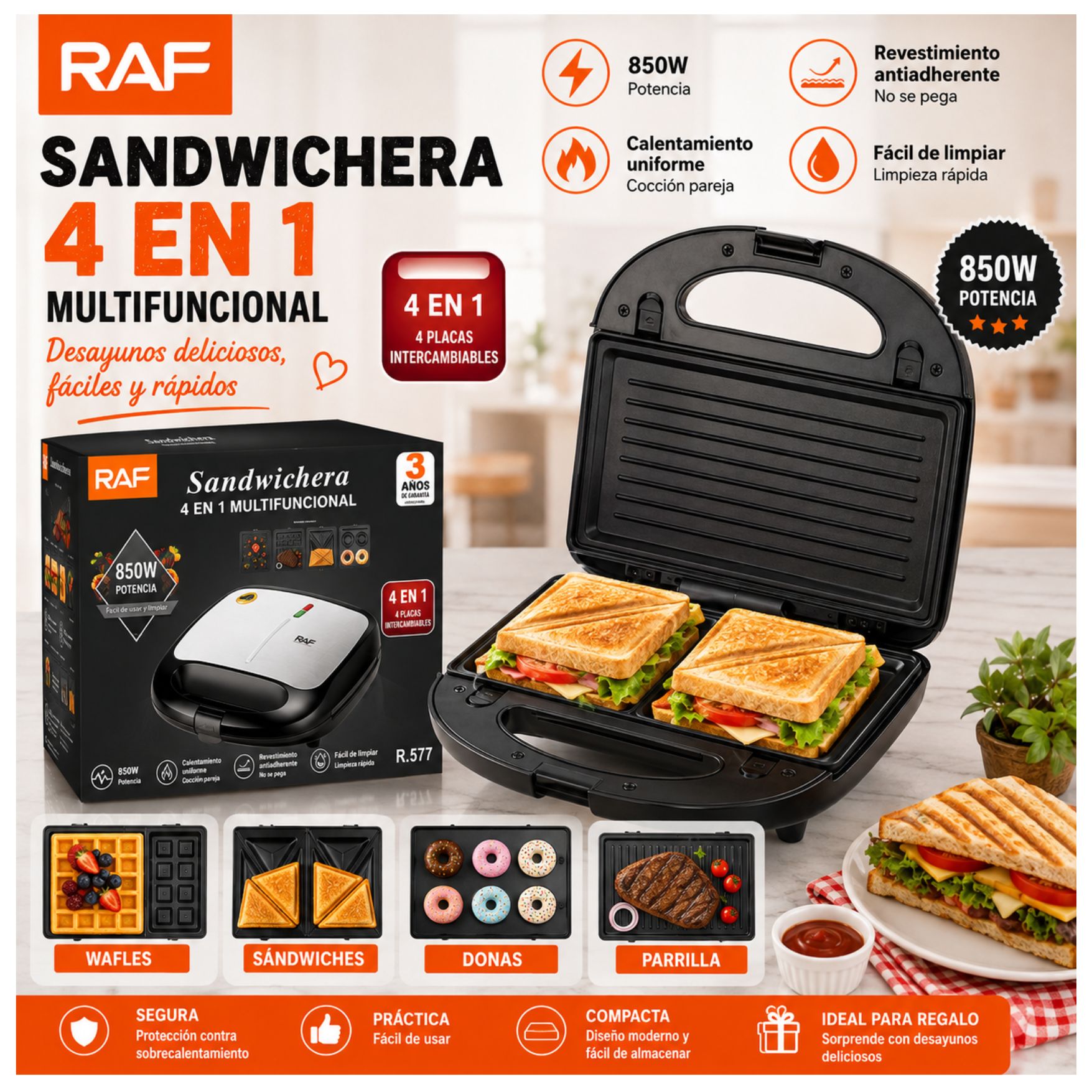 MAQUINA RAF PARA HACER DONUTS DONAS, SANDWICHERA, WAFLERA, PARRILLA CARNES 4 EN 1 RAF R577 - 6