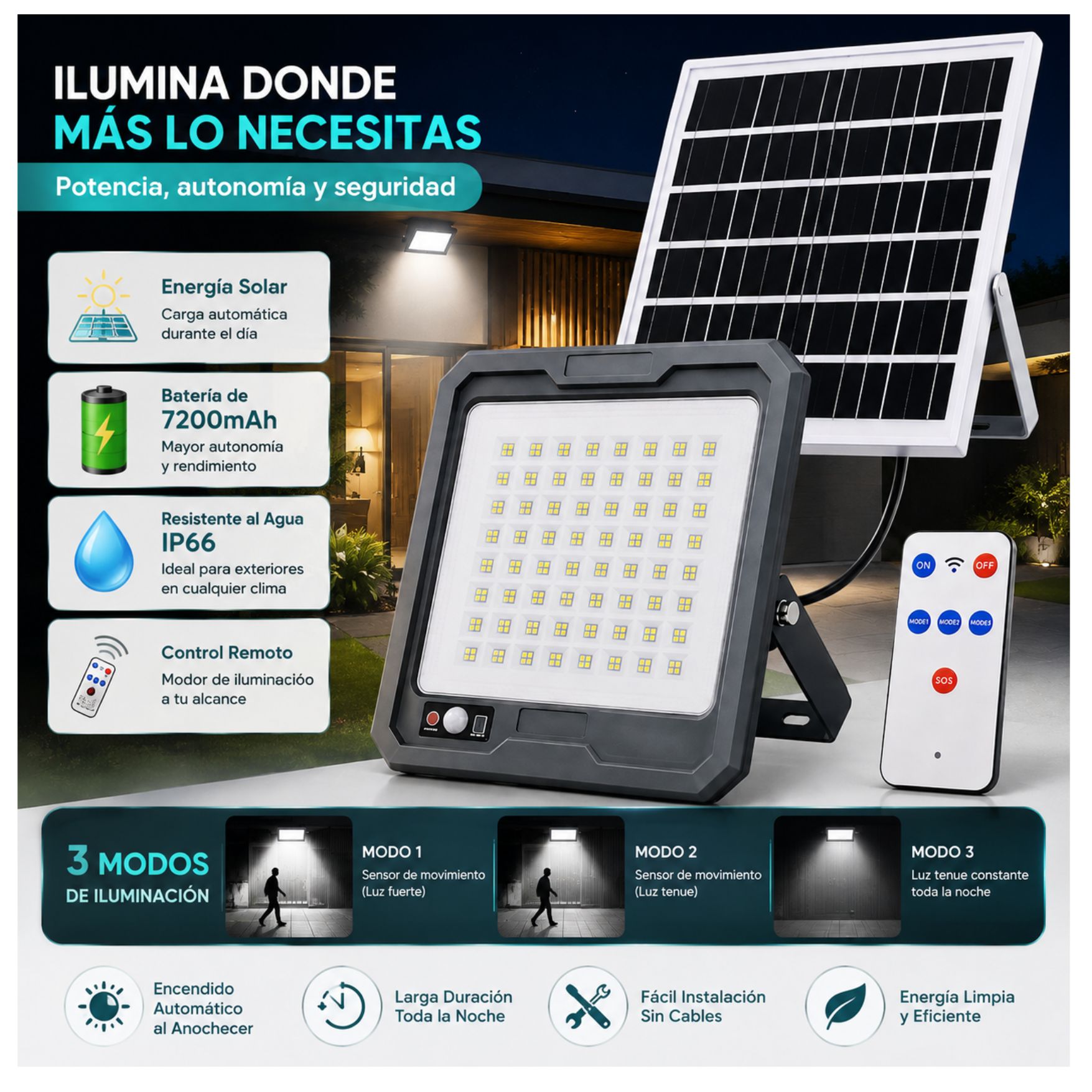 REFLECTOR SOLAR LUZ LED EXTERIOR 300W CON CONTROL Y SENSOR DE MOVIMIENTO, 7200MAH PARA JARDINES - 2