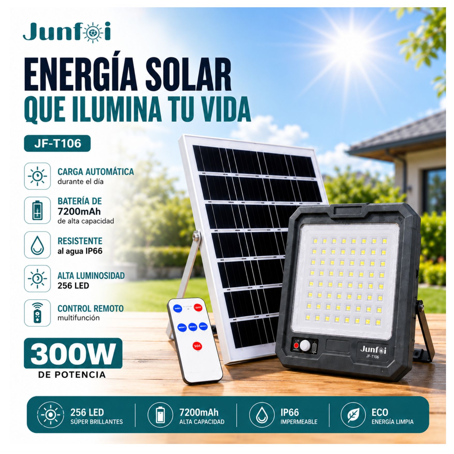REFLECTOR SOLAR LUZ LED EXTERIOR 300W CON CONTROL Y SENSOR DE MOVIMIENTO, 7200MAH PARA JARDINES - 3