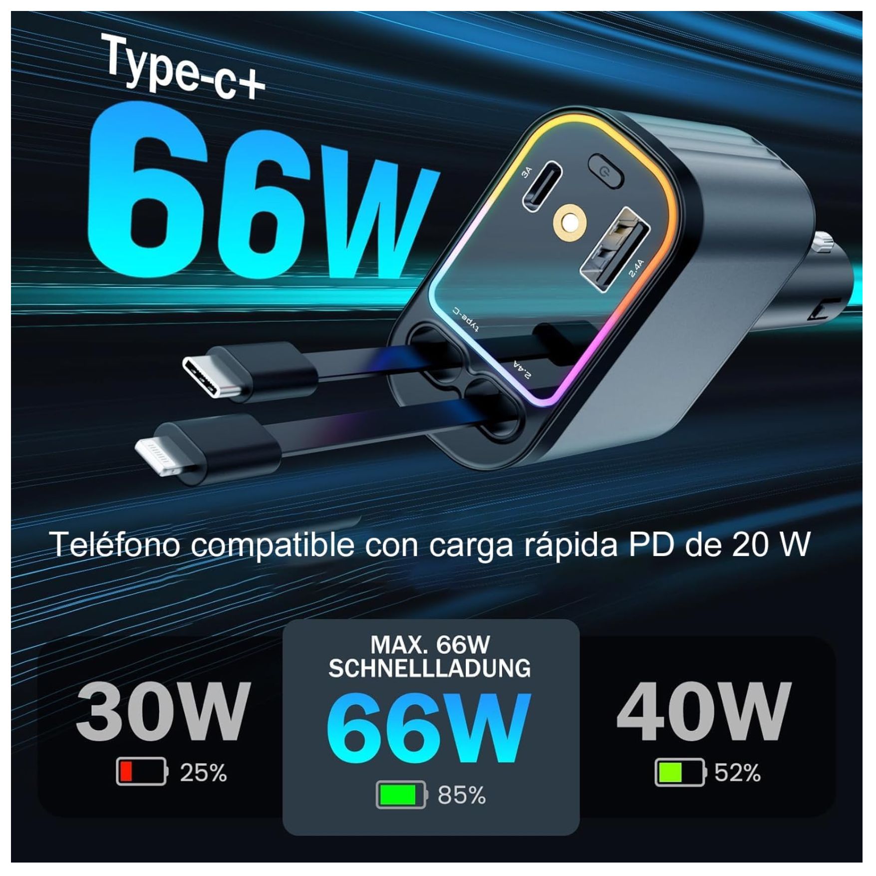 CARGADOR DE AUTO CON STARLIGHT, CARGA RAPIDA 66W TYPE C USB LIGHTNING CABLES RETRÁCTILES (80CM) - 3
