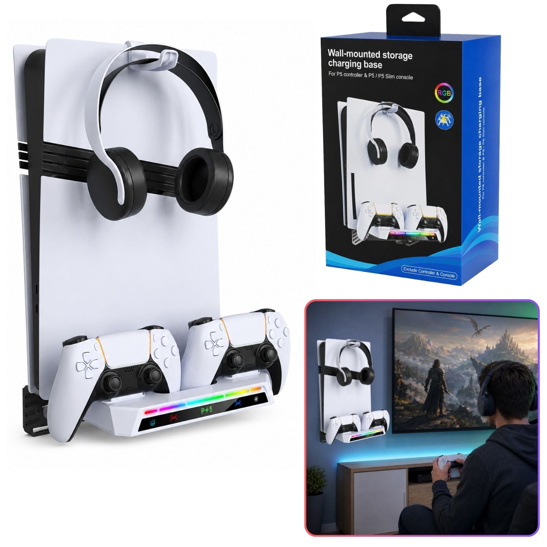 CARGADOR DE MANDO PS5 CON LUCES RGB BASE RACK SOPORTE METAL MONTADO EN LA PARED 3 EN 1 PS5 SLIM PRO - 1