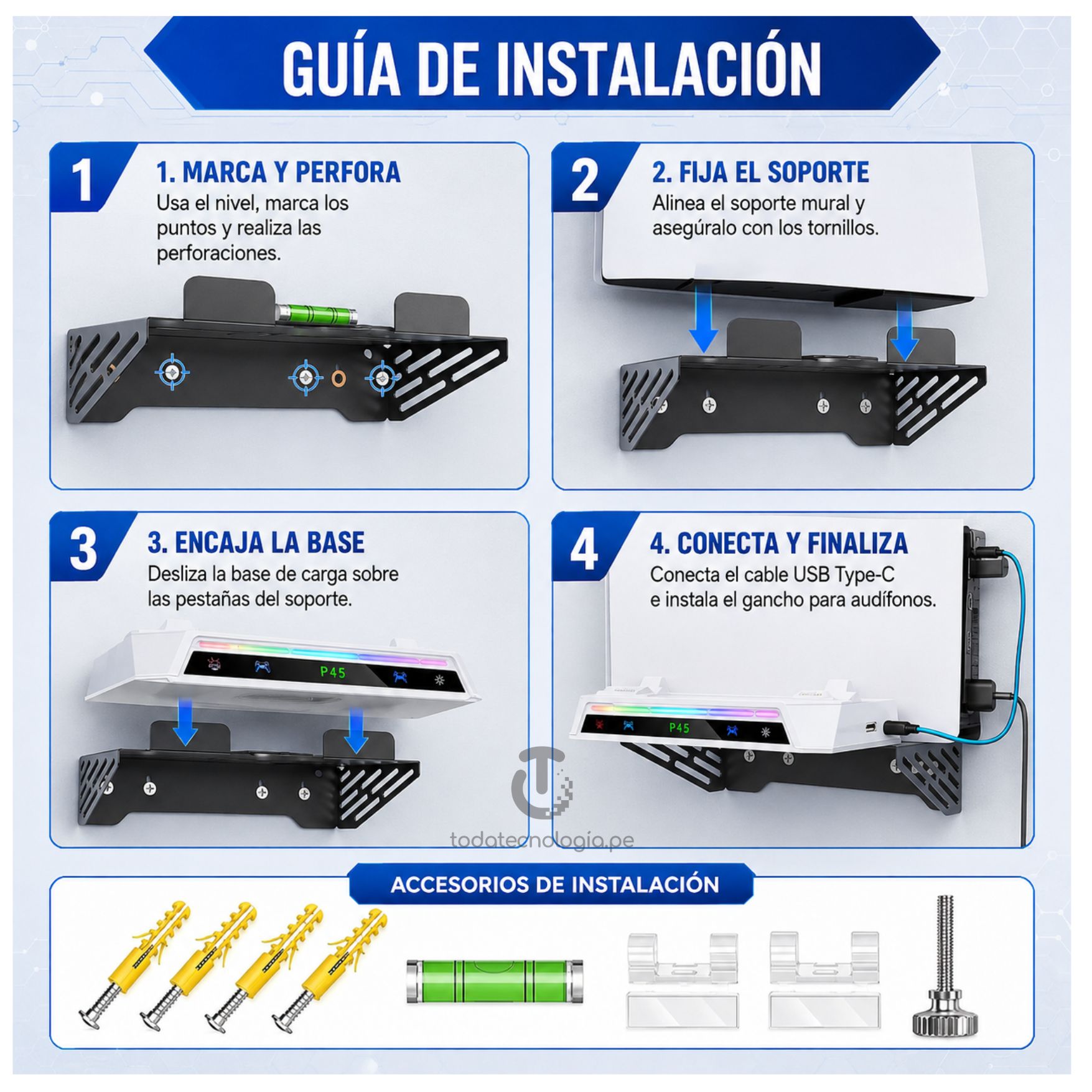 CARGADOR DE MANDO PS5 CON LUCES RGB BASE RACK SOPORTE METAL MONTADO EN LA PARED 3 EN 1 PS5 SLIM PRO - 7