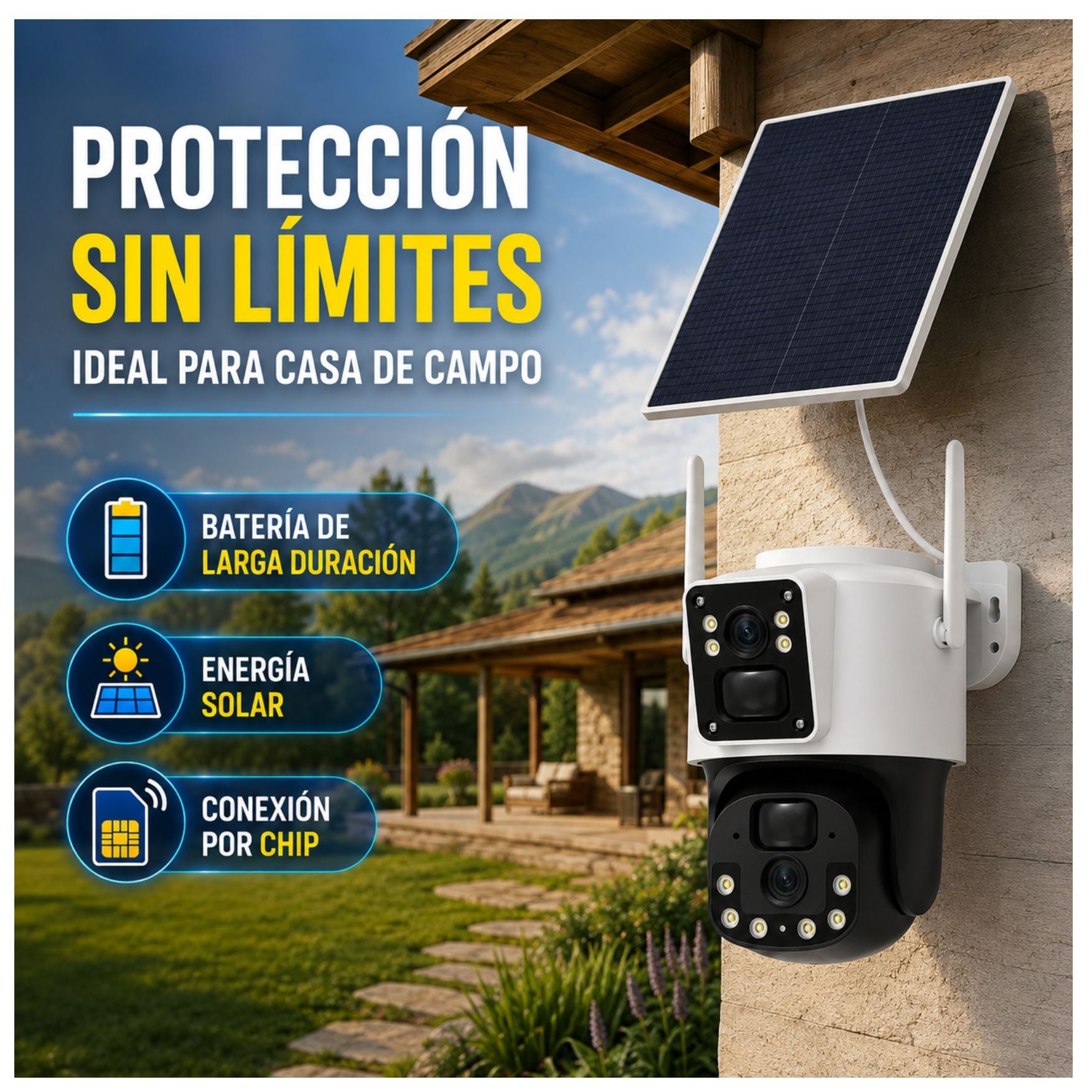CAMARA SEGURIDAD SOLAR CON CHIP 4G PTZ 2 LENTES CON PANEL SOLAR VIGILA MONITORIA DESDE TU CELULAR - 3