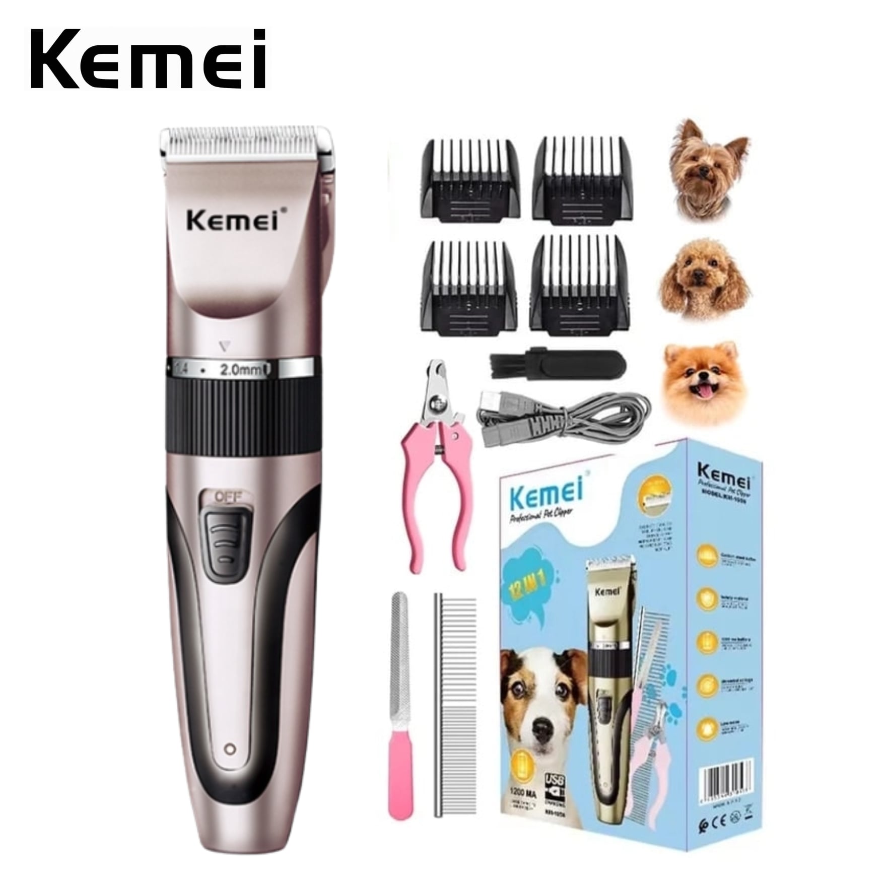 MAQUINA KEMEI CORTADORA PELO DE MASCOTA PERRO GATO RECARGABLE ROSADO - 1