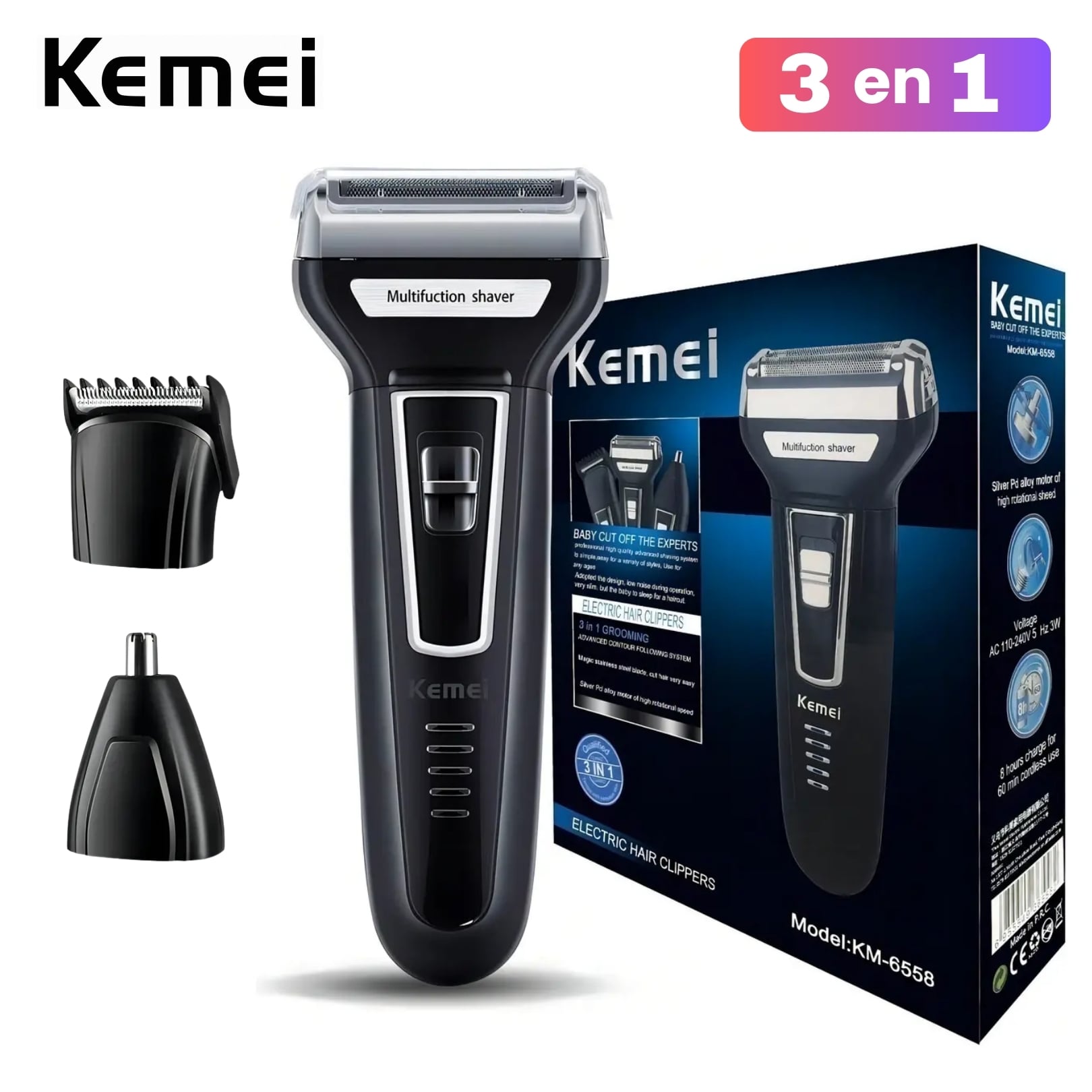 RASURADORA CORTADORA DE PELO KEMEI 3 EN 1 RECARGABLE INALAMBRICO MULTIFUNCIONAL KM-6556 - 1