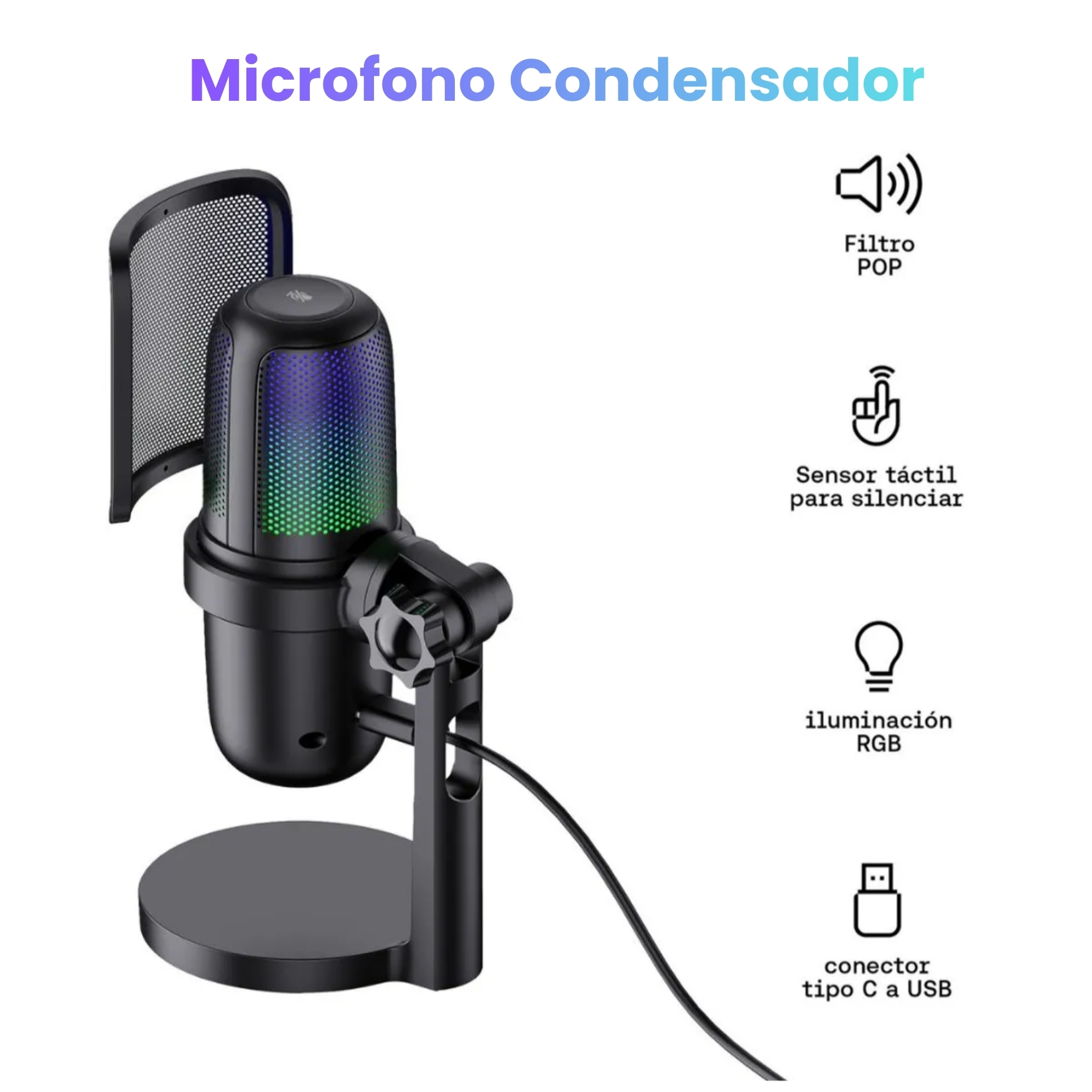 MICROFONO GAMER RGB KUZLER STRIX PRO PARA LAPTOP PC LIVE STREAMING - 3