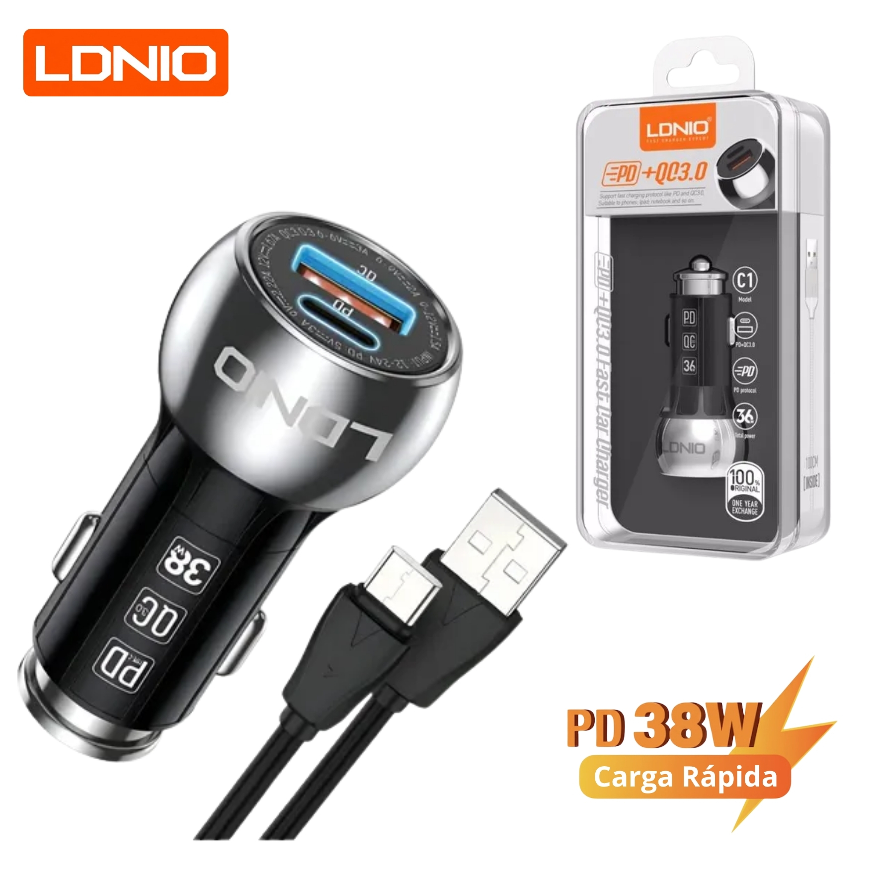 CARGADOR AUTO LDNIO C1 METAL CARGA RÁPIDA 38W TIPO C Y USB + CABLE USB - 1