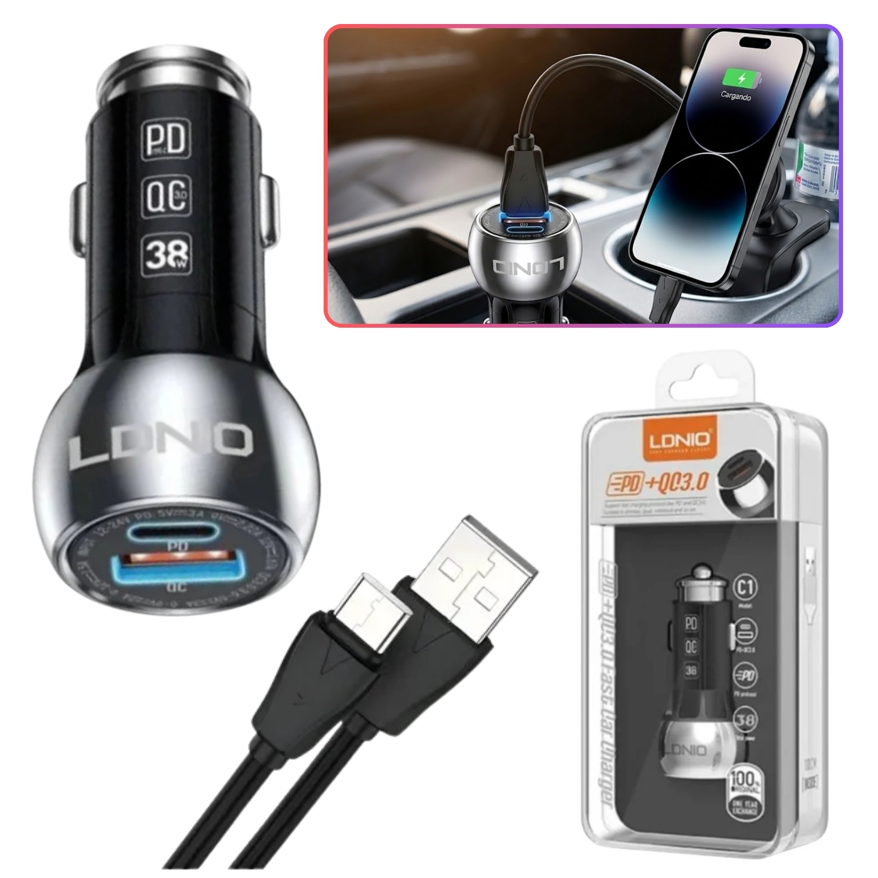 CARGADOR AUTO LDNIO C1 METAL CARGA RÁPIDA 38W TIPO C Y USB + CABLE USB - 2