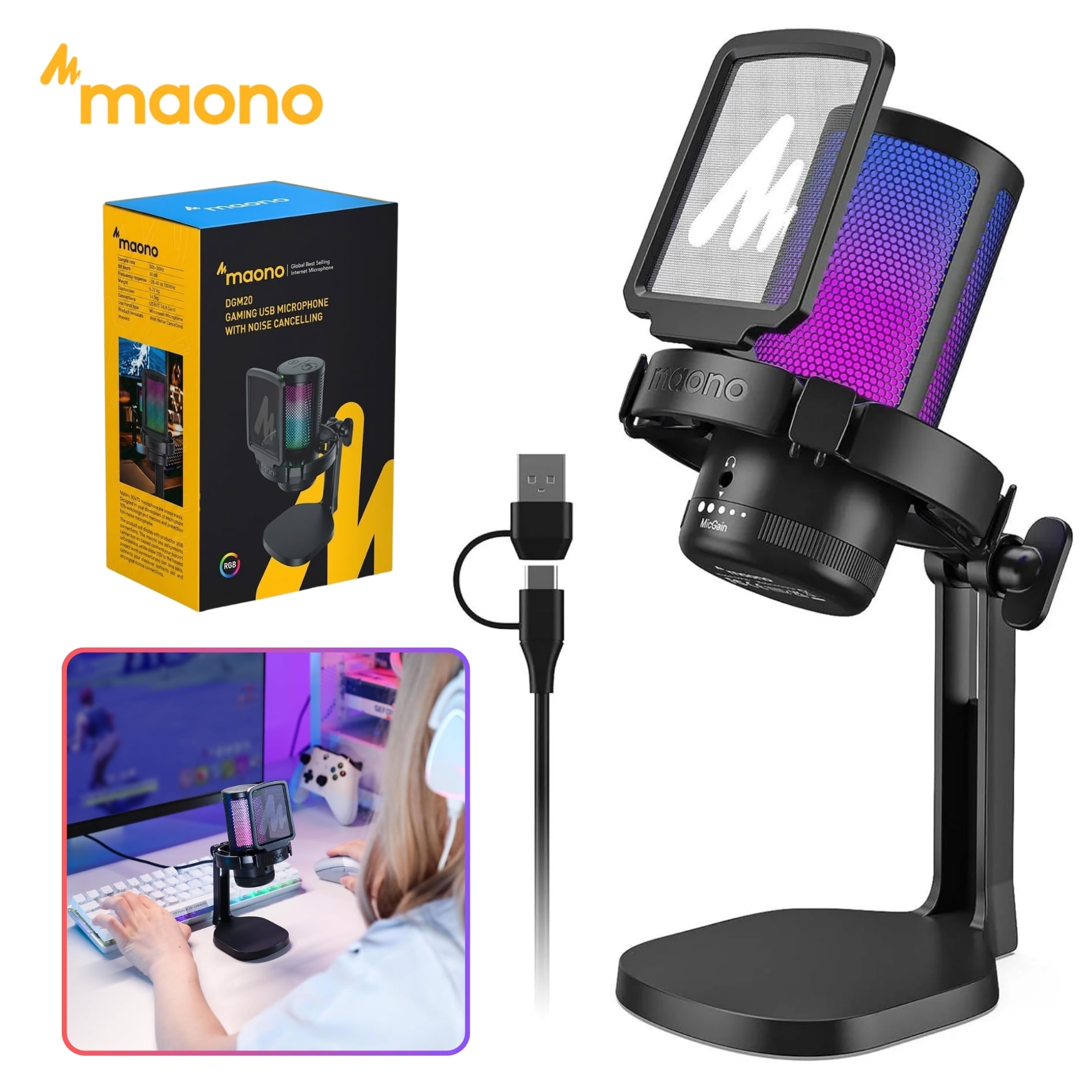 MICROFONO MAONO GAMER RGB CON CANCELACIÓN DE RUIDO Y MONITOREO PARA  STREAM, PODCAST PC CELULAR - 1