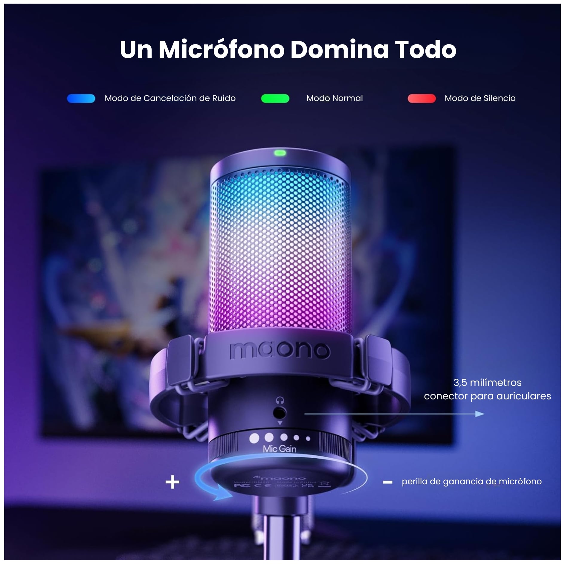 MICROFONO MAONO GAMER RGB CON CANCELACIÓN DE RUIDO Y MONITOREO PARA  STREAM, PODCAST PC CELULAR - 4