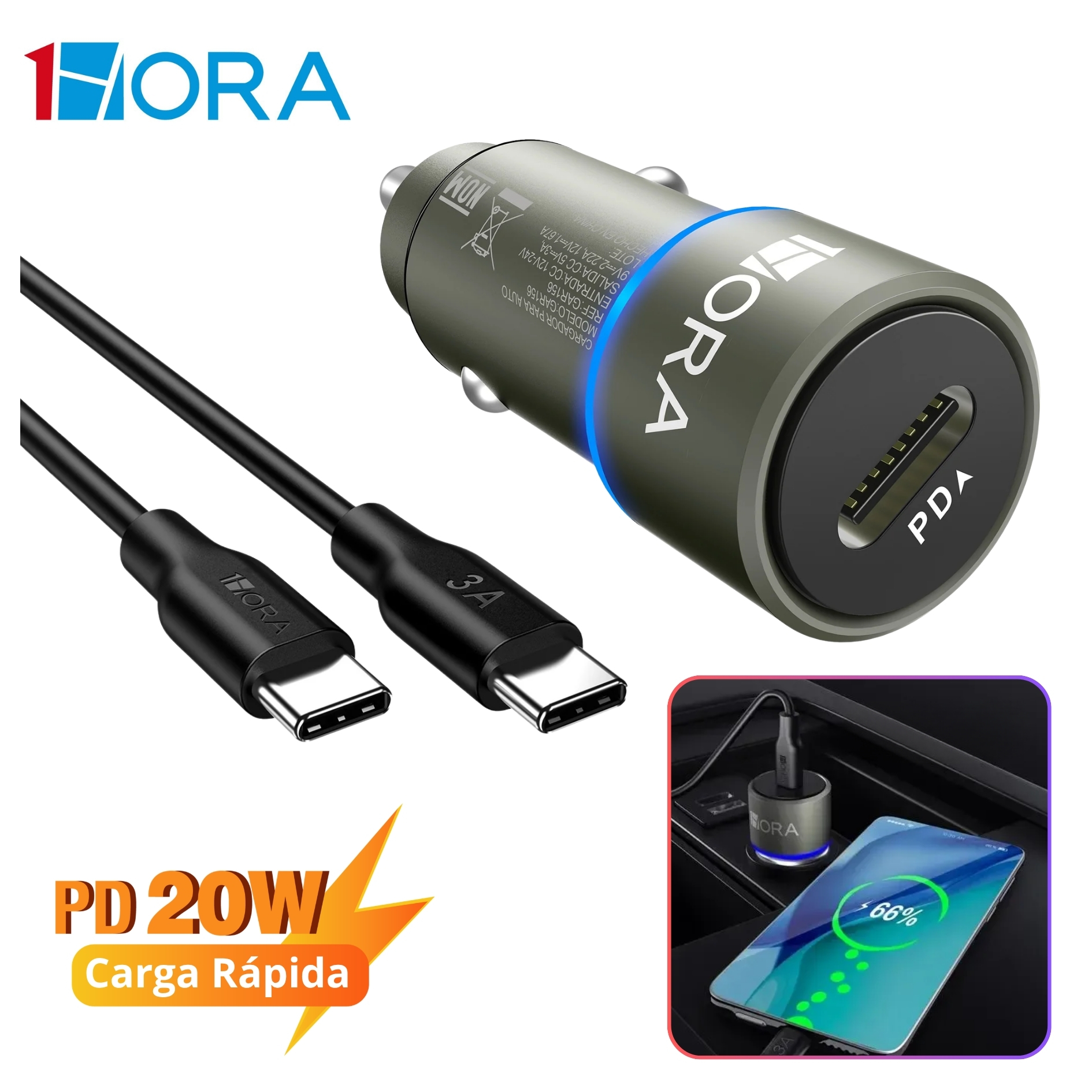 CARGADOR AUTO CARGA RAPIDA 20W + CABLE TYPE C 1HORA PARA IPHONE SAMSUNG  HONOR OPPO IPHONE XIOAMI - 1