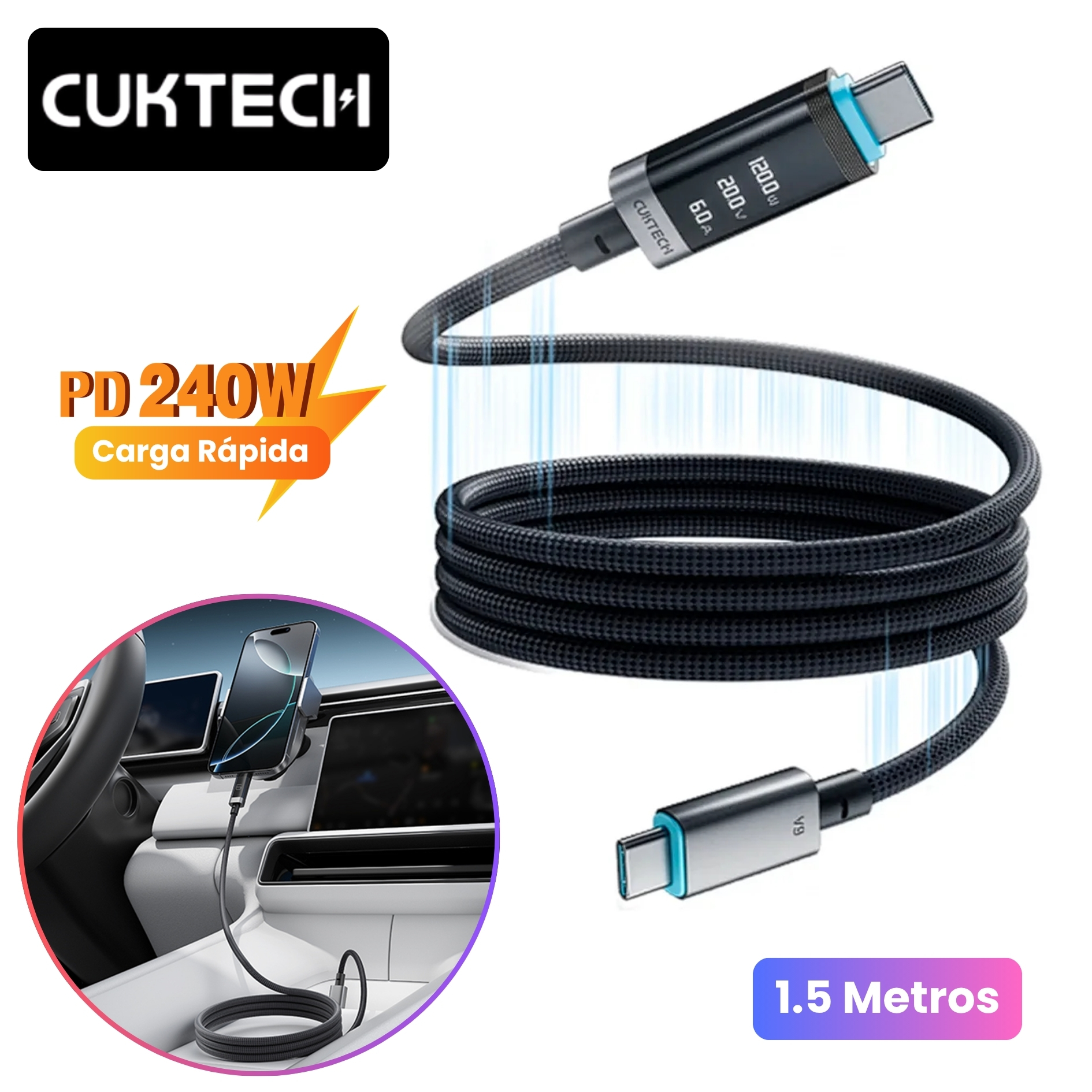 CABLE MAGNETICO TIPO C 240W CUKTECH USB-C 6A PANTALLA OLED CARGA RÁPIDA  1.5M - 1