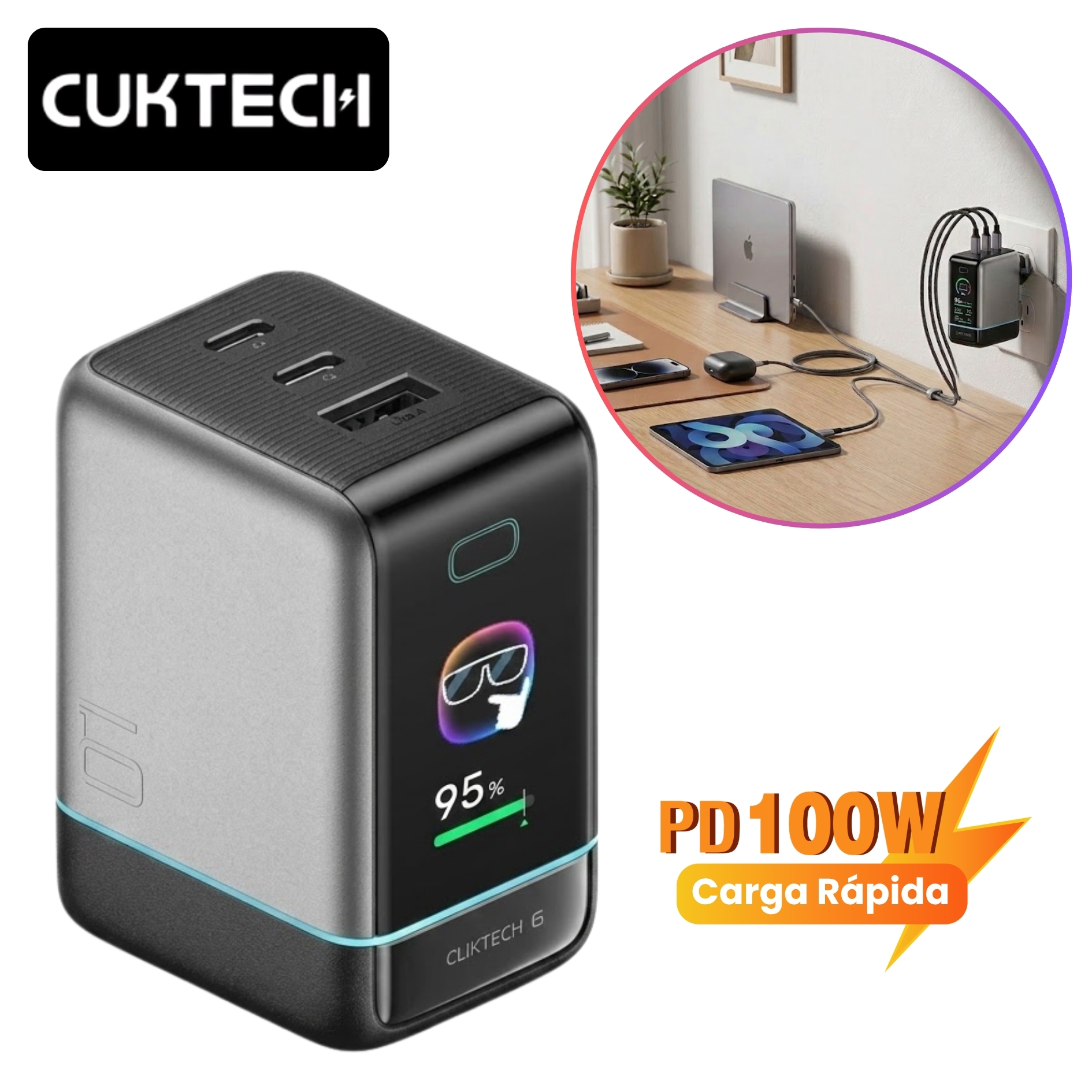 CARGADOR CUKTECH 6 GAN CARGA ULTRA RÁPIDA 100W PANTALLA TFT PUERTO USB  TYPE C TRIPLE - 1