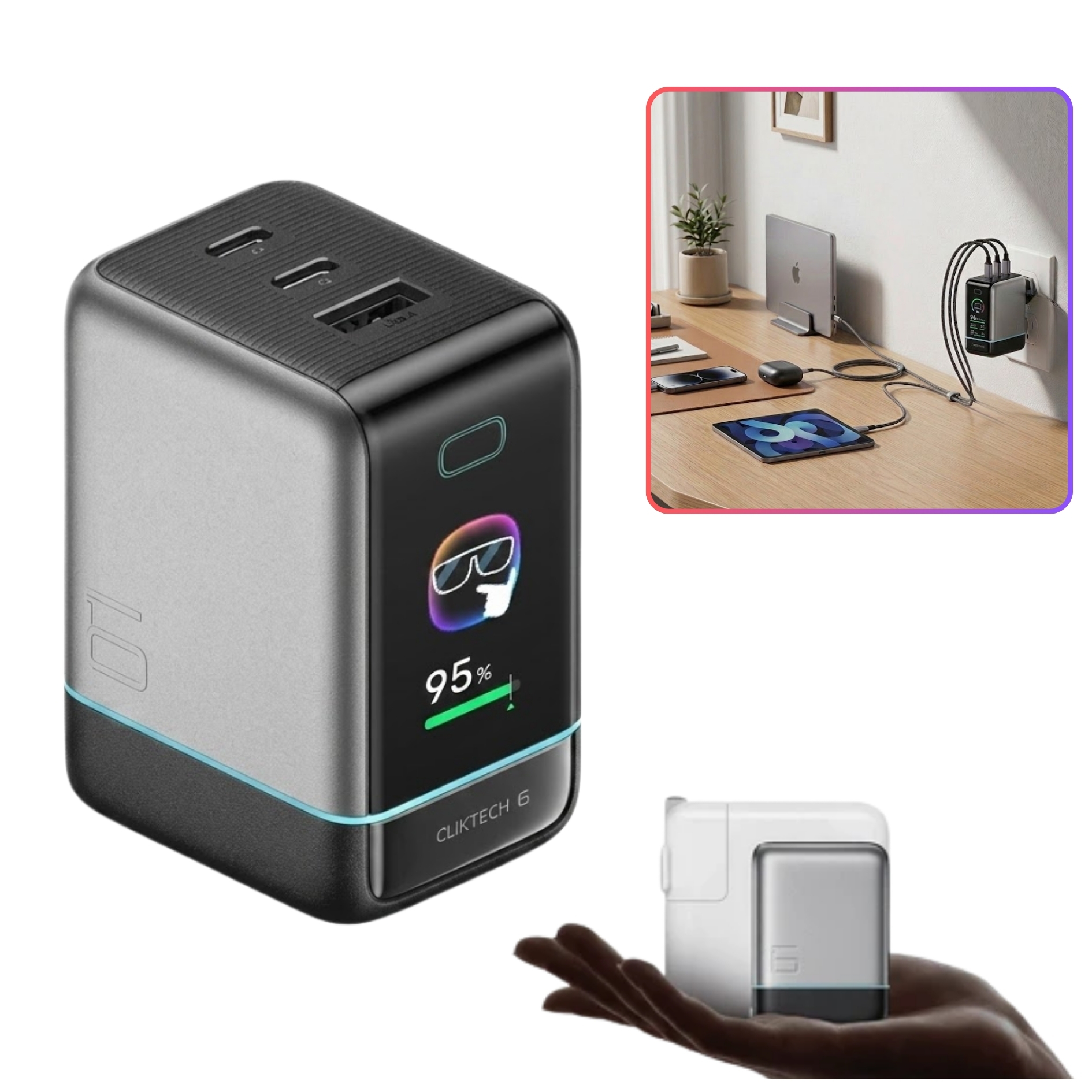 CARGADOR CUKTECH 6 GAN CARGA ULTRA RÁPIDA 100W PANTALLA TFT PUERTO USB  TYPE C TRIPLE - 7