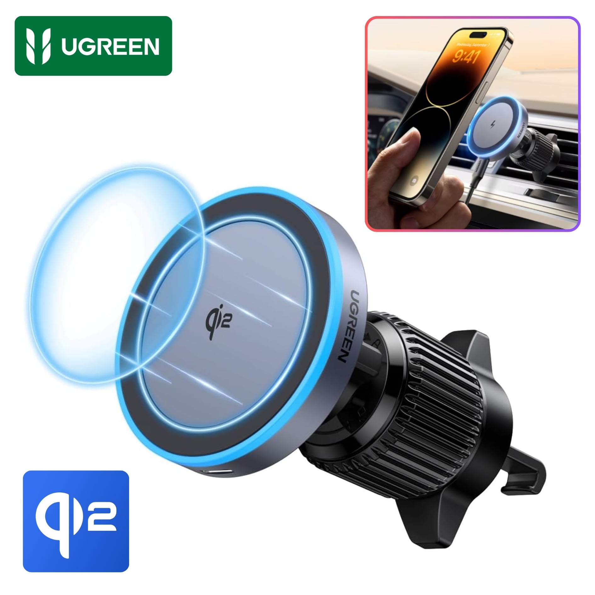 CARGADOR DE AUTO UGREEN INALÁMBRICO MAGFLOW QI2 DE 15W, HOLDER MAGSAFE  MAGNETICO - 1