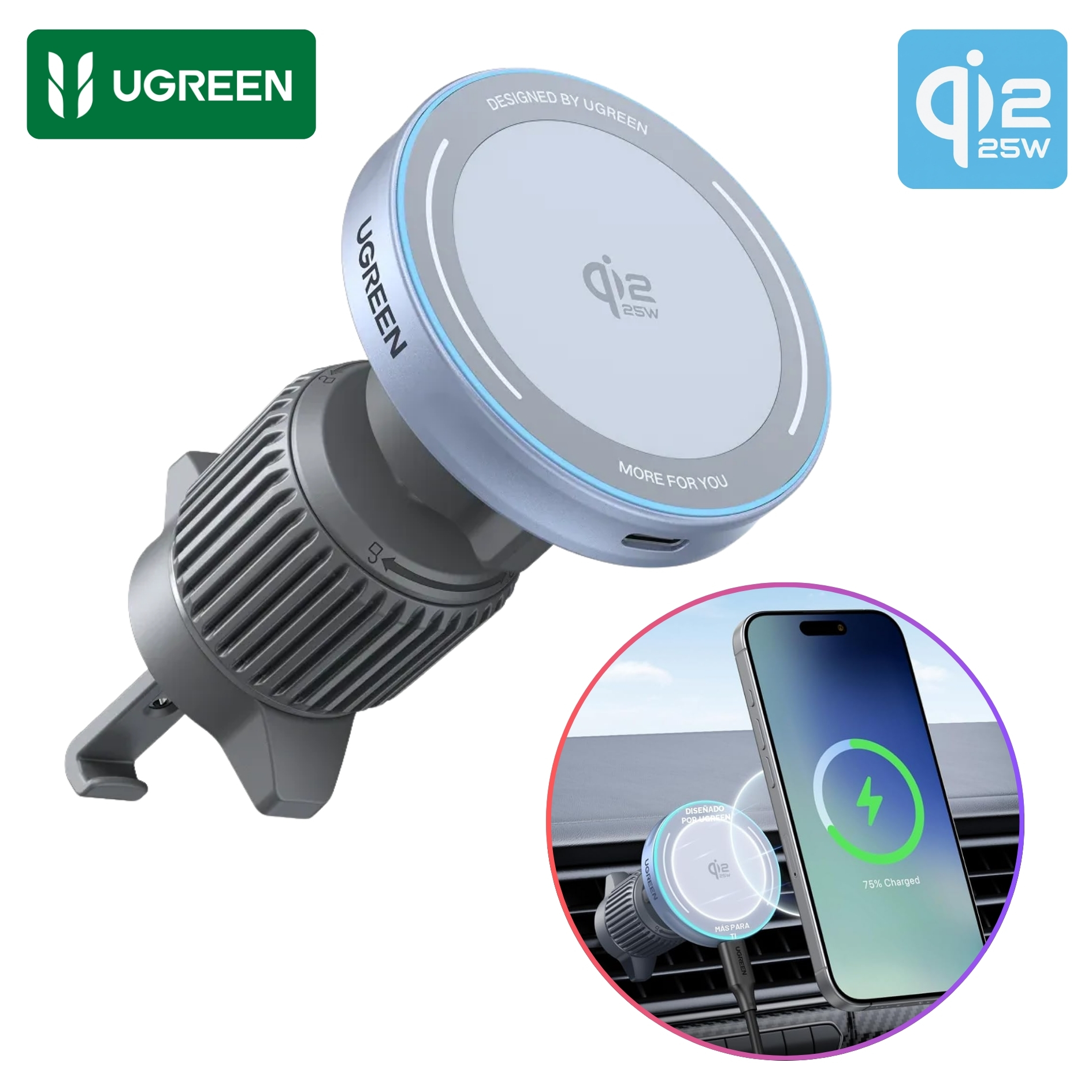 CARGADOR DE AUTO UGREEN INALÁMBRICO MAGFLOW QI2 DE 25W, SOPORTE HOLDER MAGNETICO - 1
