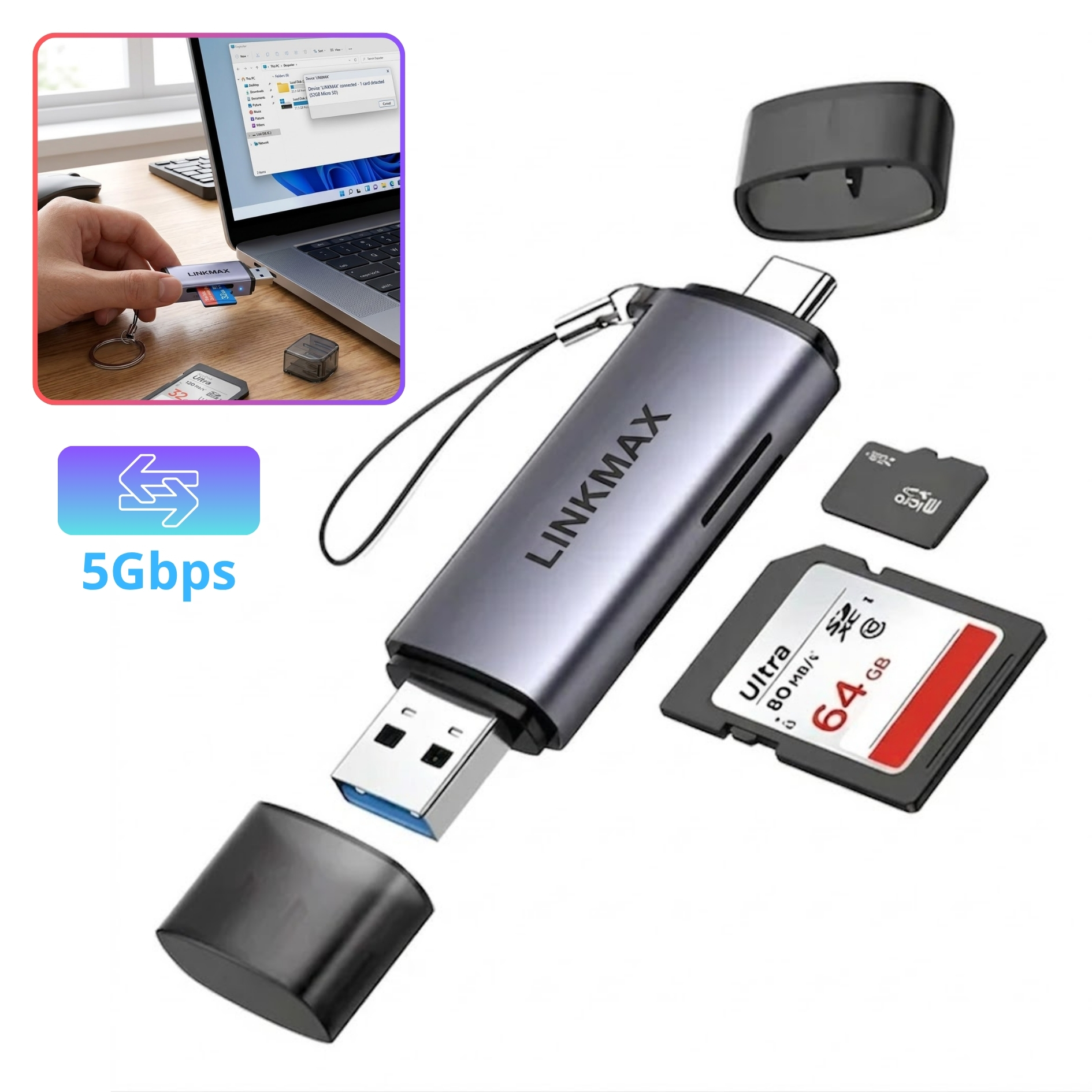 LECTOR DE MEMORIA SD MICRO SD 2 EN 1 USB - TYPE C 5GBPS OTG PARA PC  MACBOOK CELULARES - 1