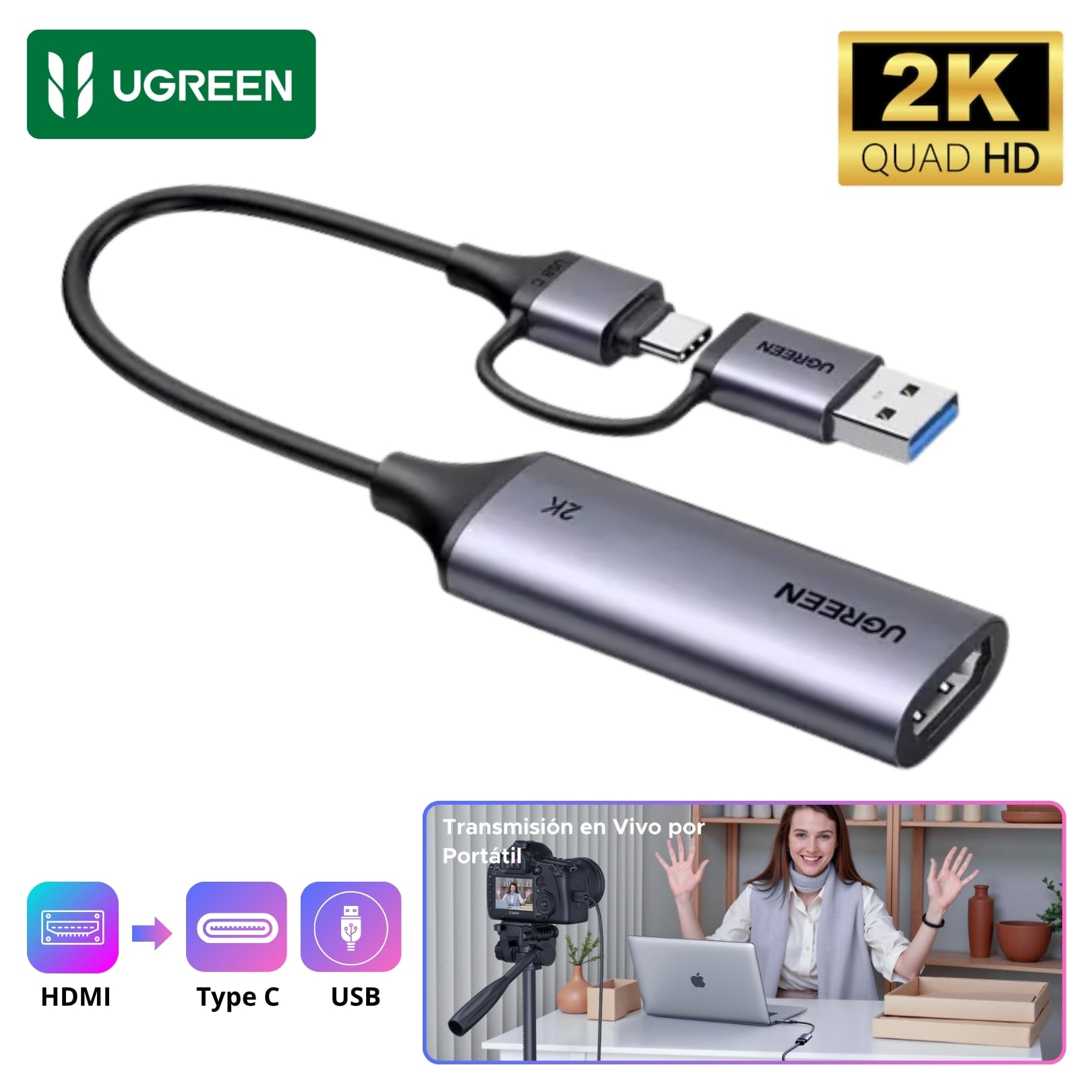 CAPTURADOR DE VIDEO UGREEN USB TYPE C HDMI 2K 30HZ CÁMARAS Y LAPTOP  MACBOOK - 1