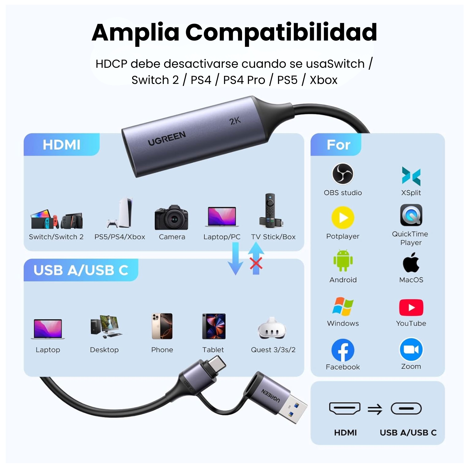 CAPTURADOR DE VIDEO UGREEN USB TYPE C HDMI 2K 30HZ CÁMARAS Y LAPTOP  MACBOOK - 7