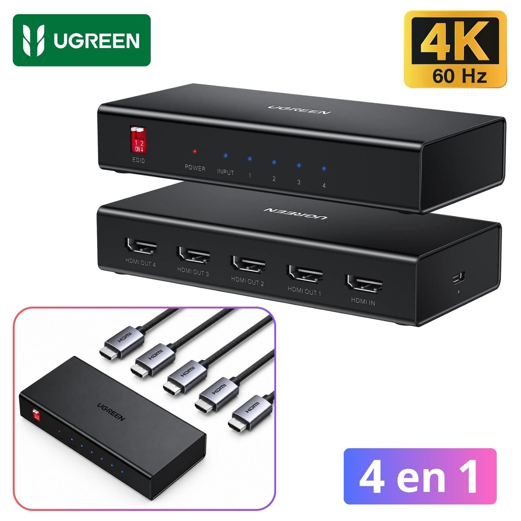 SPLITTER HDMI UGREEN 4K60HZ, 1 ENTRADA A 4 SALIDAS CON CONTROL EDID AUDIO  DOLBY WINDOWS MACOS - 1
