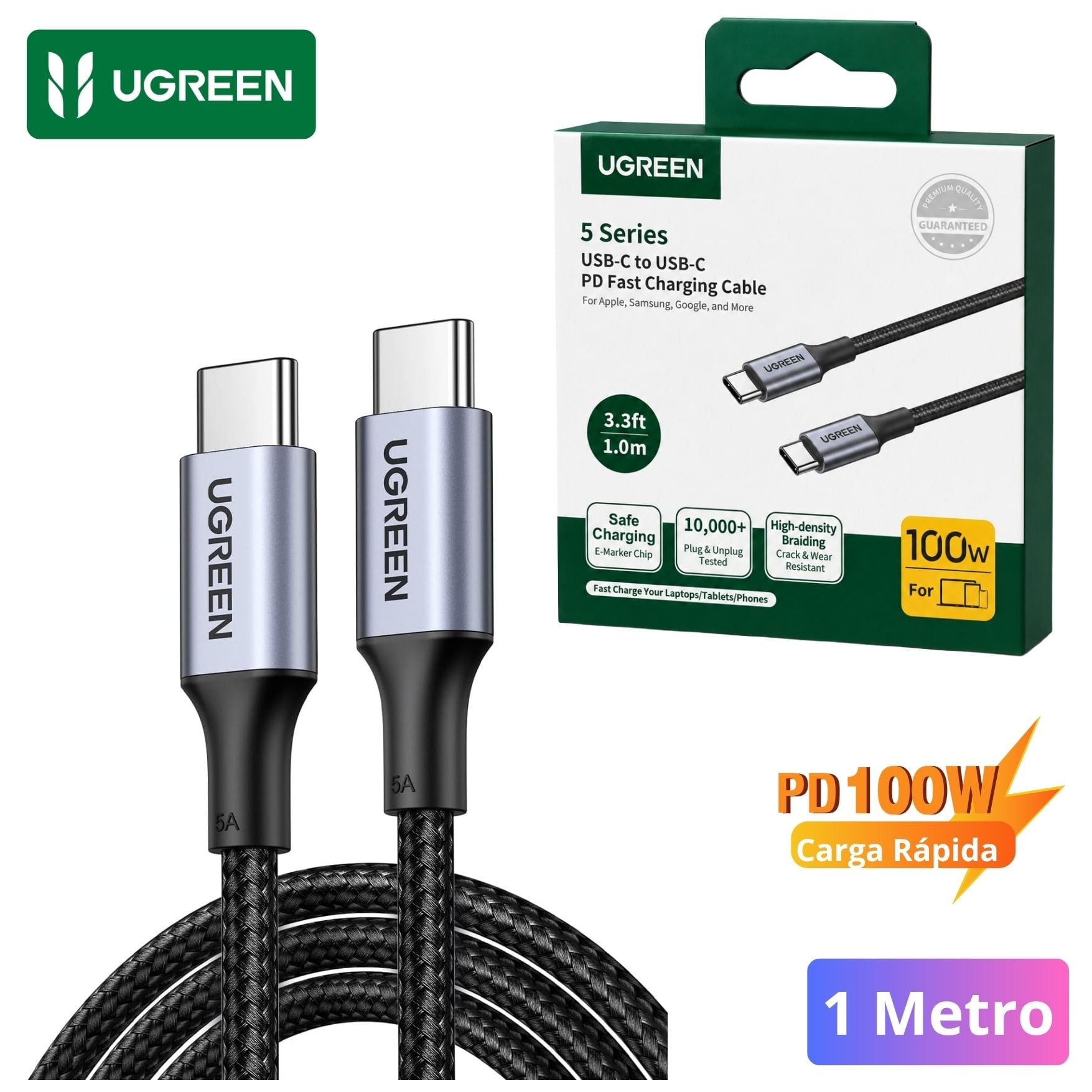 CABLE UGREEN TYPE C A USB C DE 100W CARGA RAPIDA PARA MACBOOK LAPTOP IPHONE SAMSUNG HONOR XIAOMI - 1