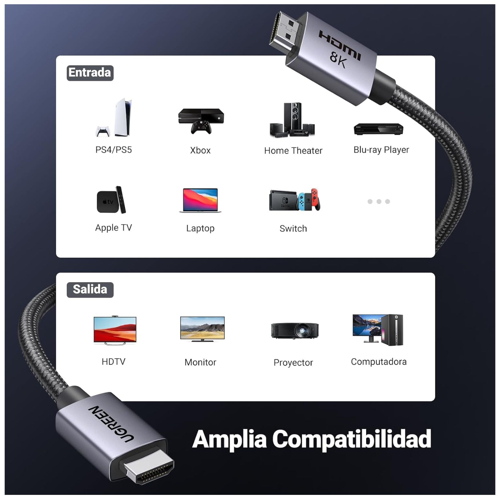 CABLE HDMI UGREEN 8K 60HZ HDMI 2.1 48GBPS DOLBY ATMOS HDR 10 METROS UGREEN HD171 - 25914 10M - 6