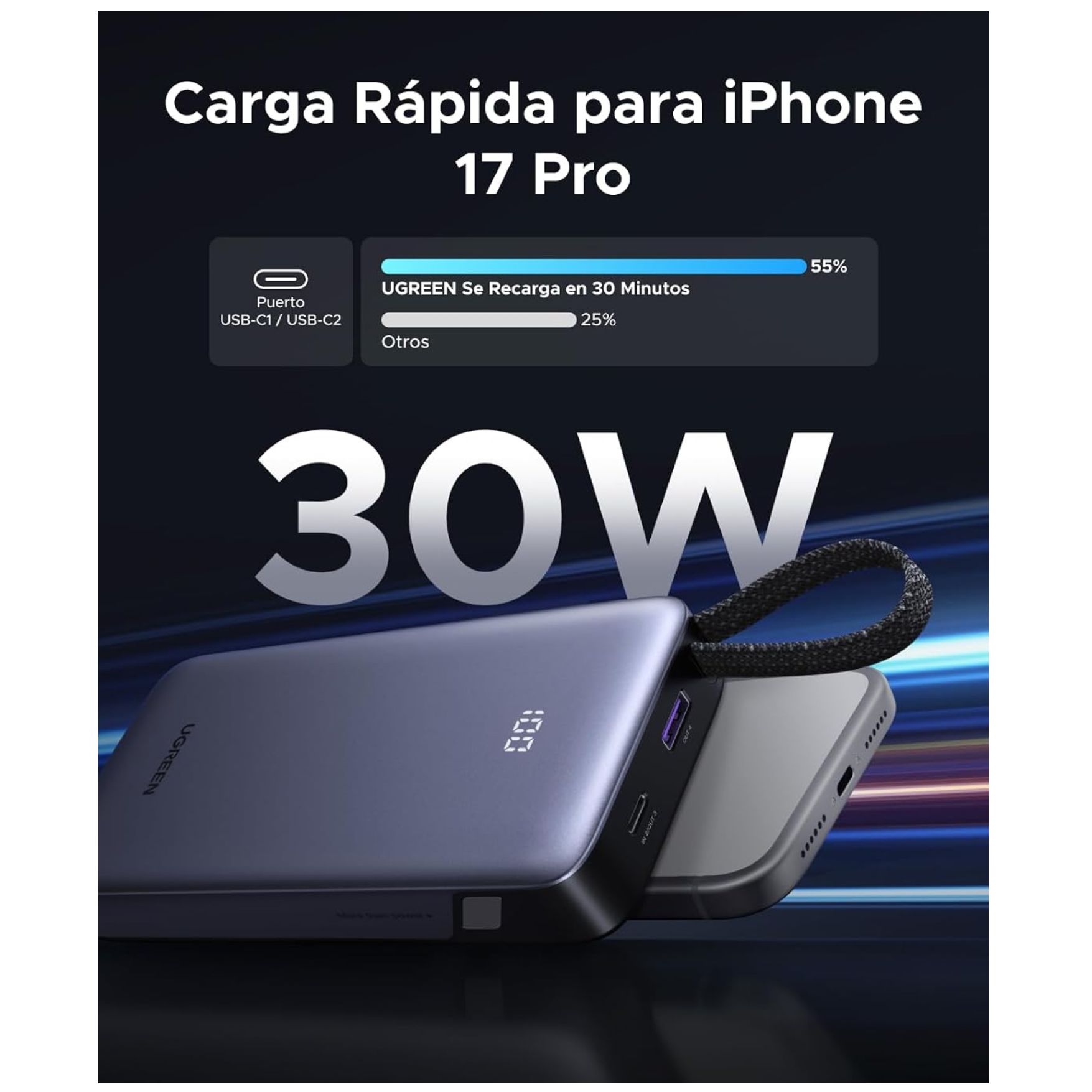 POWER BANK UGREEN 20000MAH CARGA RAPIDA 30W CABLE INTEGRADO LIGHTNING TYPE C BATERÍA PORTÁTIL - 3