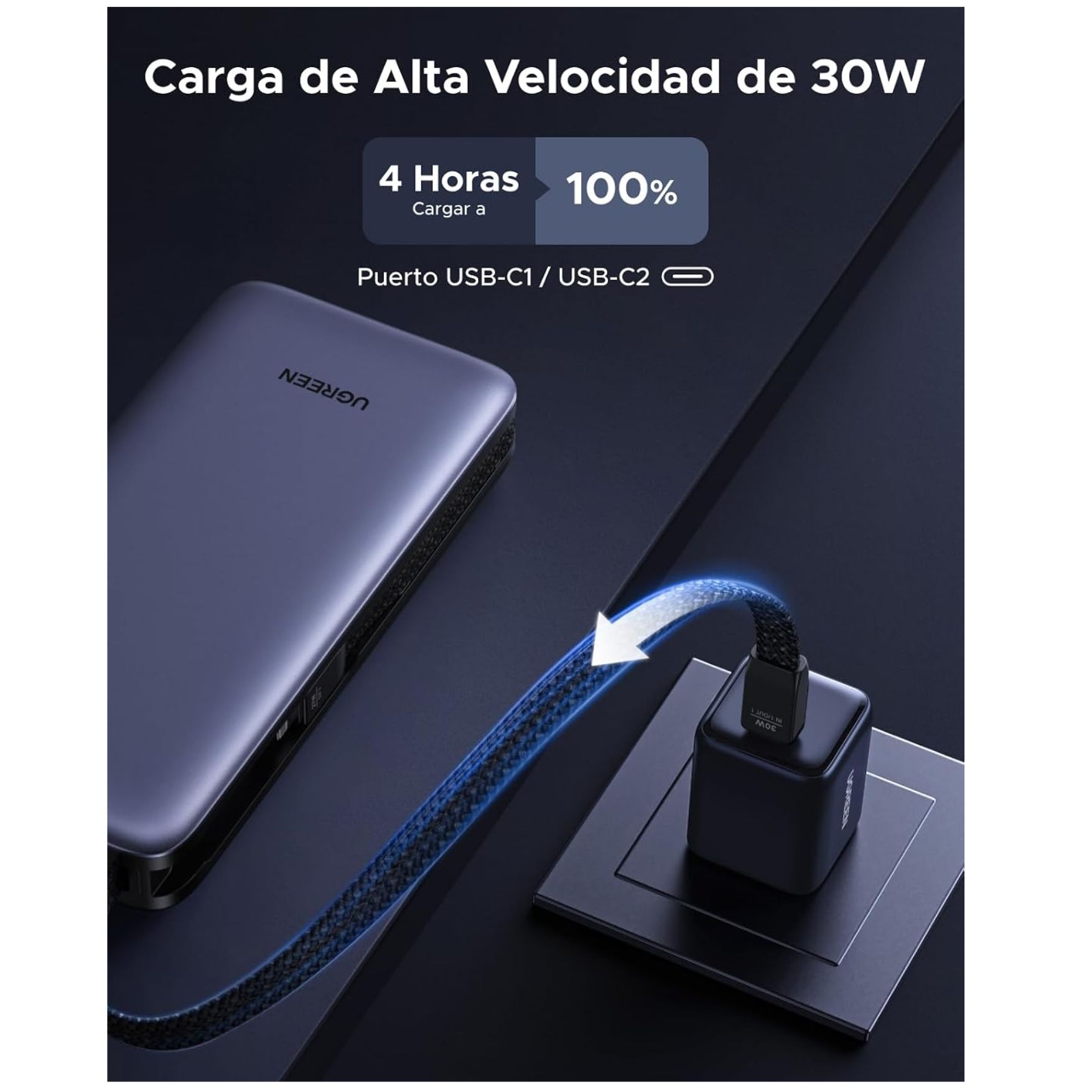 POWER BANK UGREEN 20000MAH CARGA RAPIDA 30W CABLE INTEGRADO LIGHTNING TYPE C BATERÍA PORTÁTIL - 5